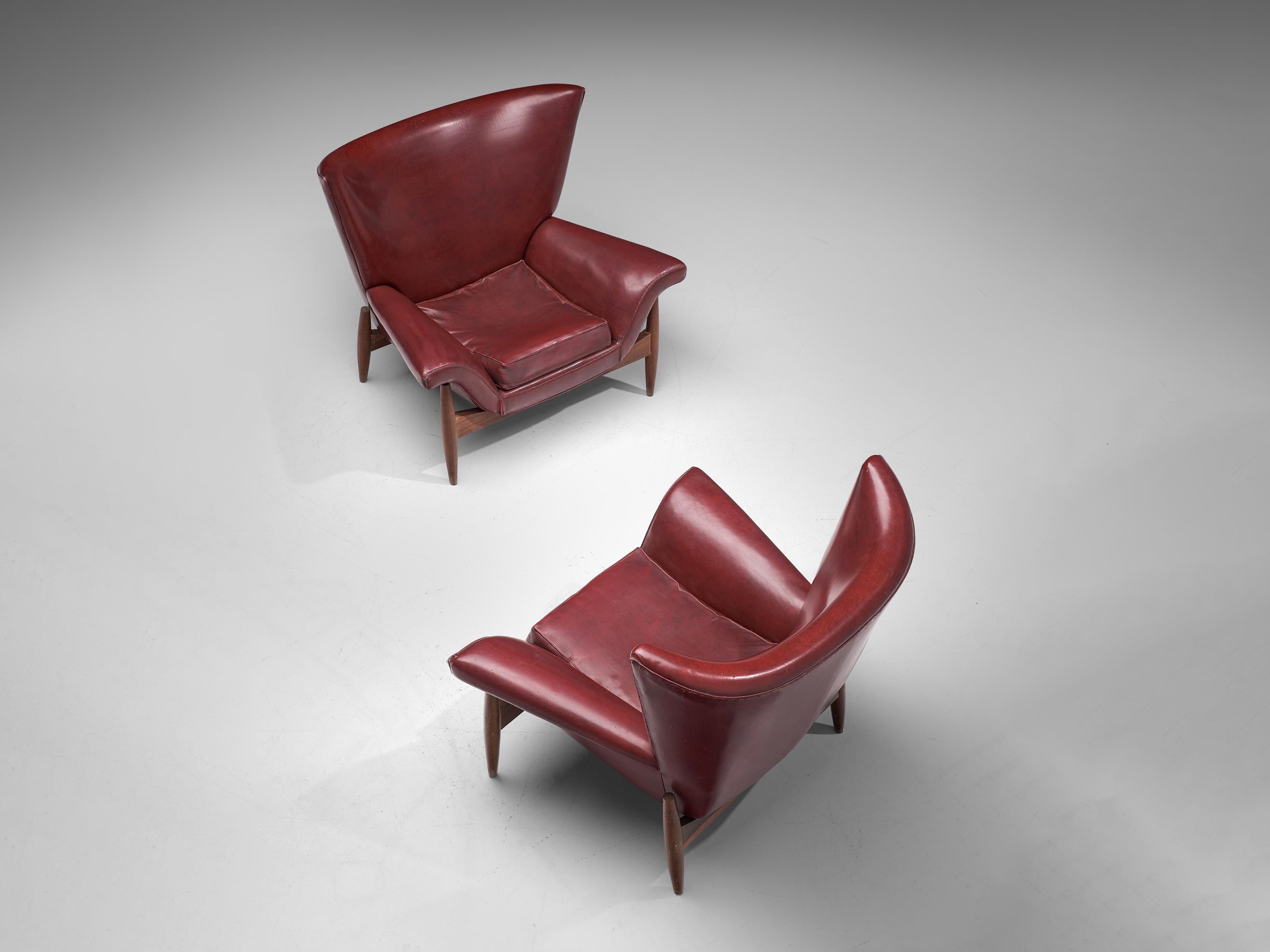 Mid-Century Modern Pair of Italian Wingback Chairs in Burgundy Leatherette