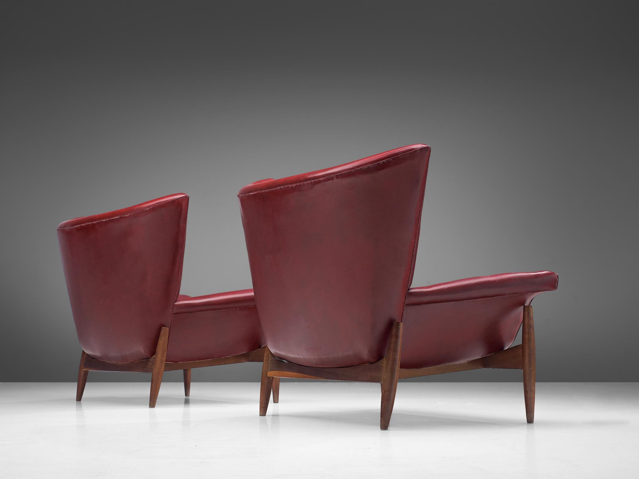 Faux Leather Pair of Italian Wingback Chairs in Burgundy Leatherette