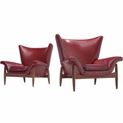 Pair of Italian Wingback Chairs in Burgundy Leatherette