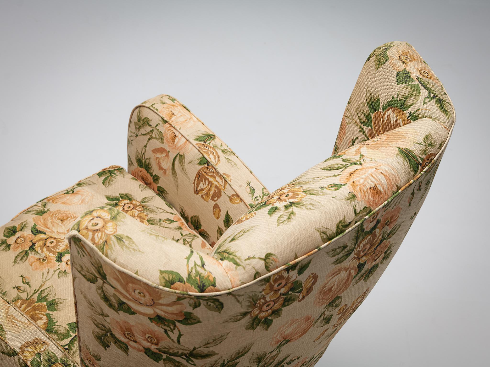 Pair of Italian Wingback Chairs in Floral Upholstery 4