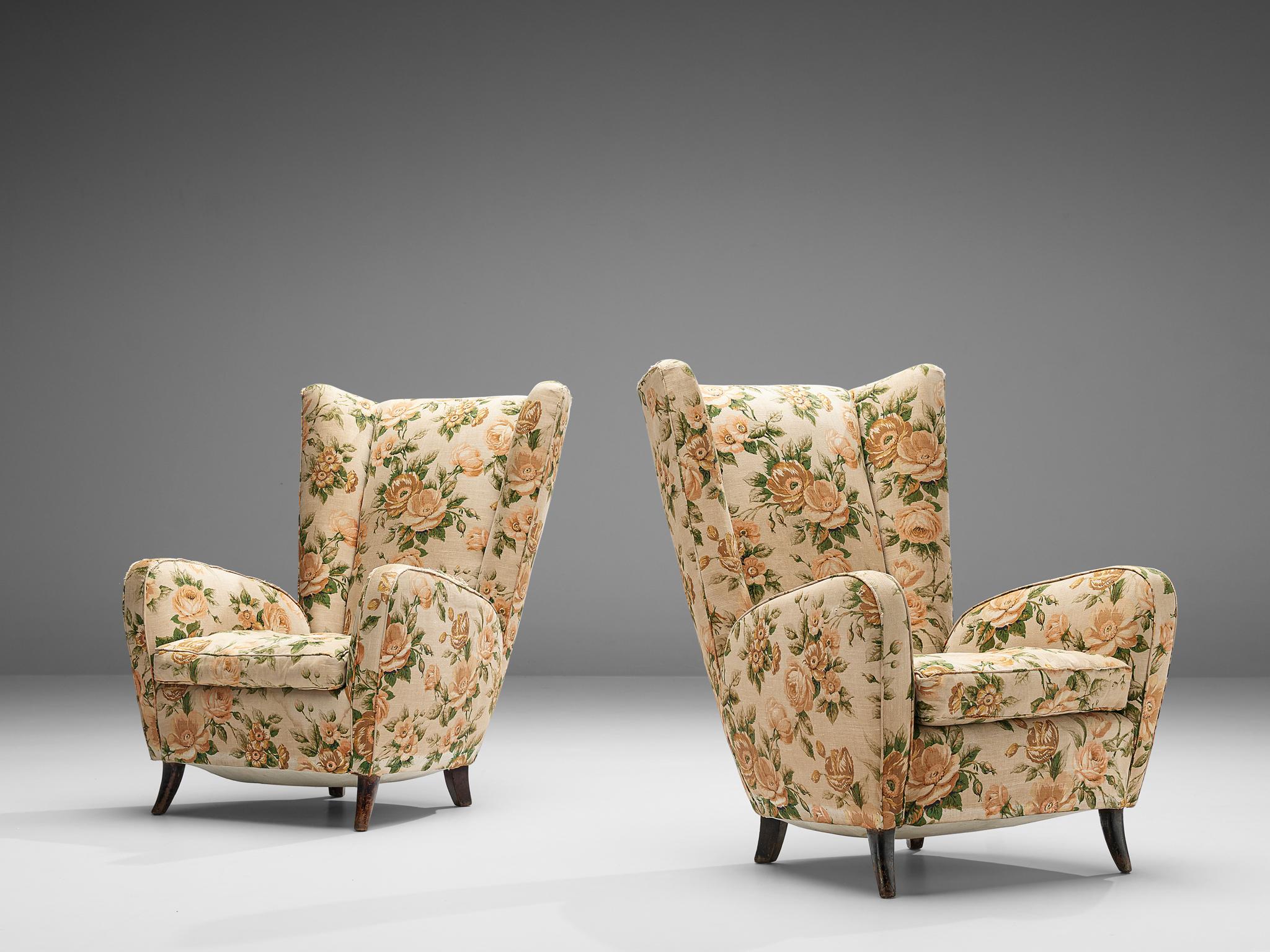 Pair of Italian Wingback Chairs in Floral Upholstery 5