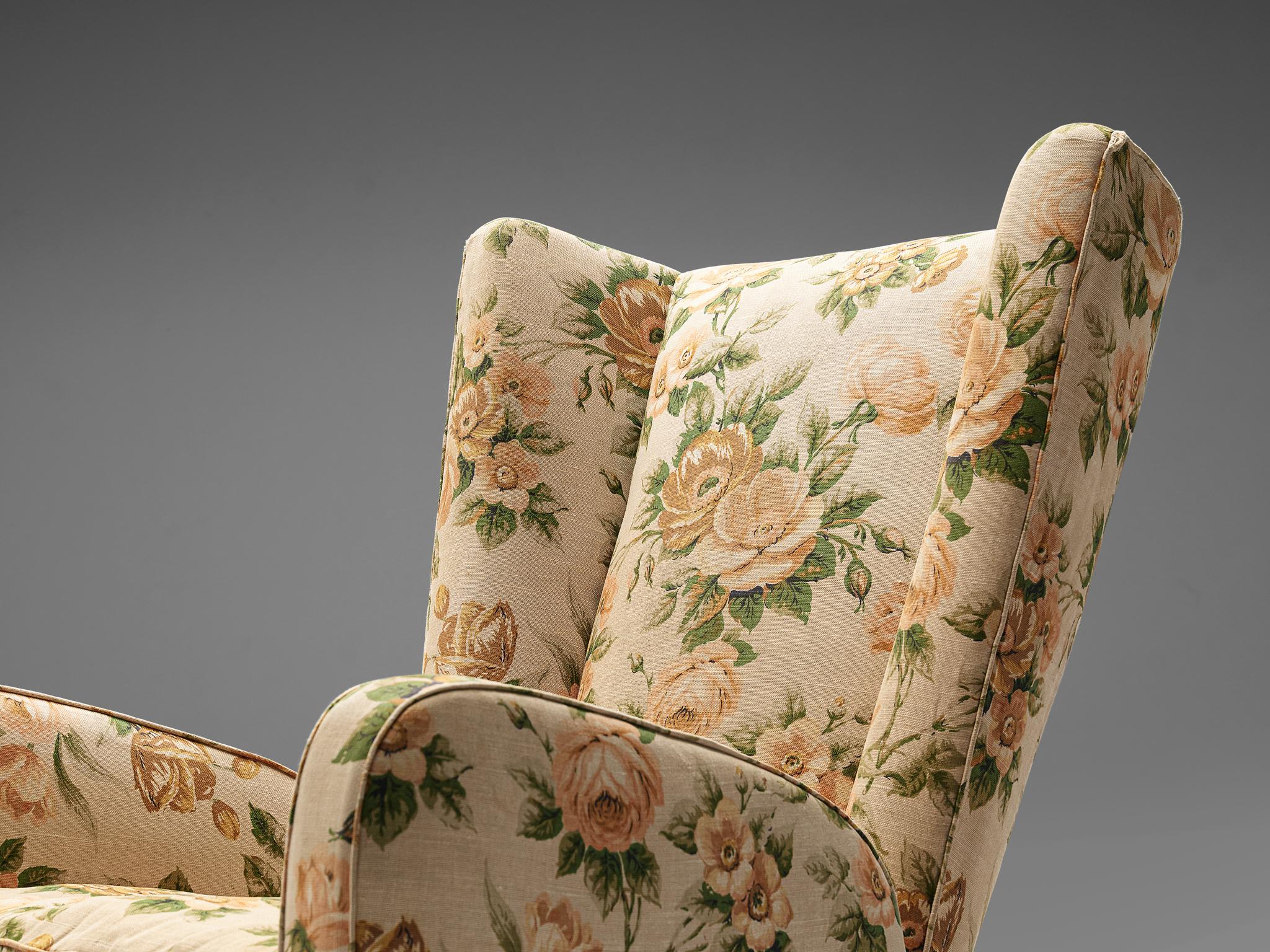 Mid-Century Modern Pair of Italian Wingback Chairs in Floral Upholstery