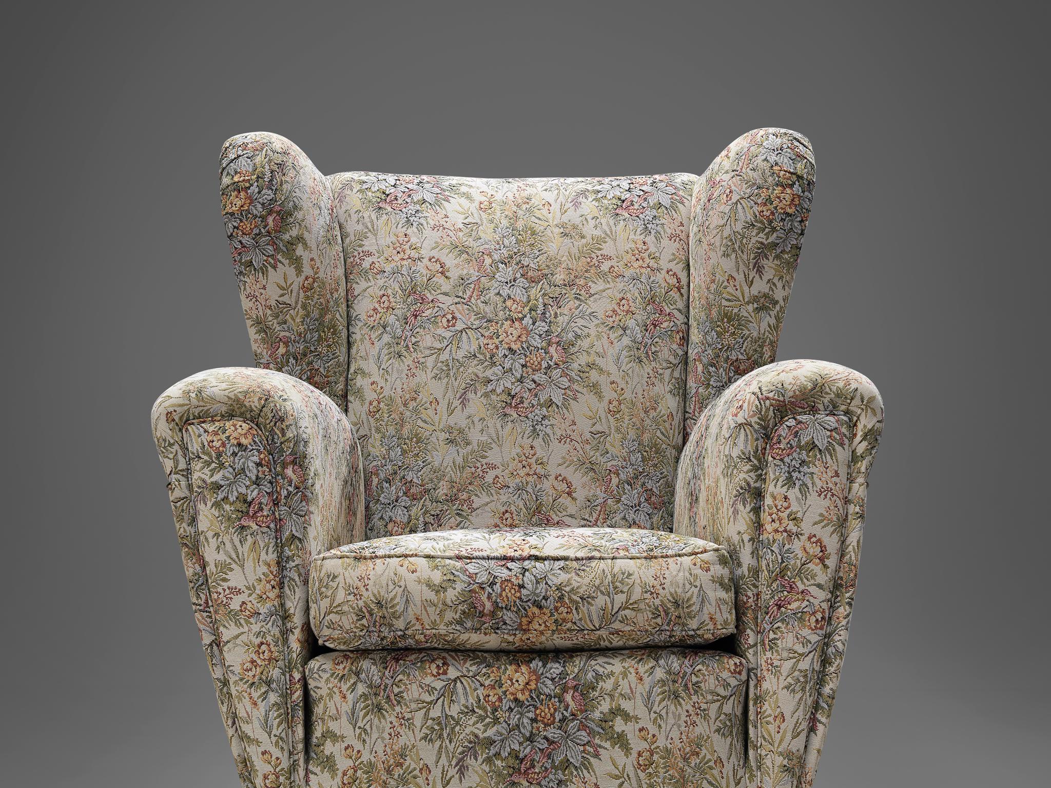 Mid-Century Modern Pair of Italian Wingback Chairs in Floral Upholstery