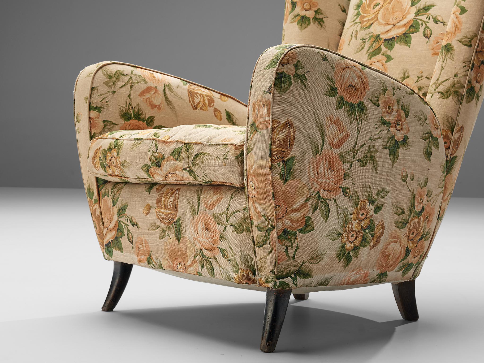 Mid-20th Century Pair of Italian Wingback Chairs in Floral Upholstery