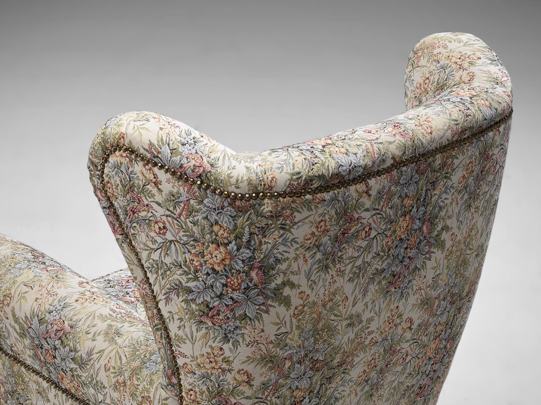 Mid-20th Century Pair of Italian Wingback Chairs in Floral Upholstery