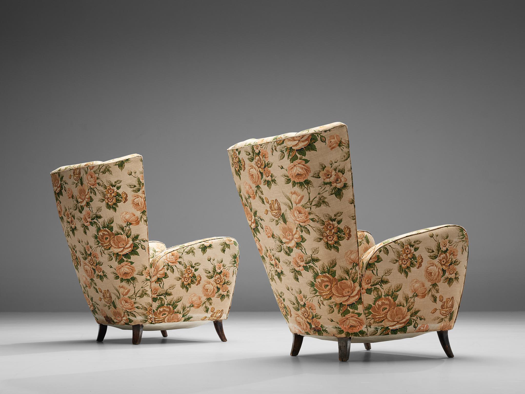 Fabric Pair of Italian Wingback Chairs in Floral Upholstery