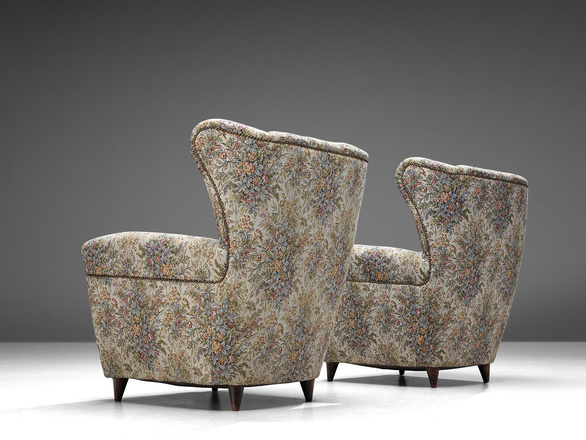 Fabric Pair of Italian Wingback Chairs in Floral Upholstery