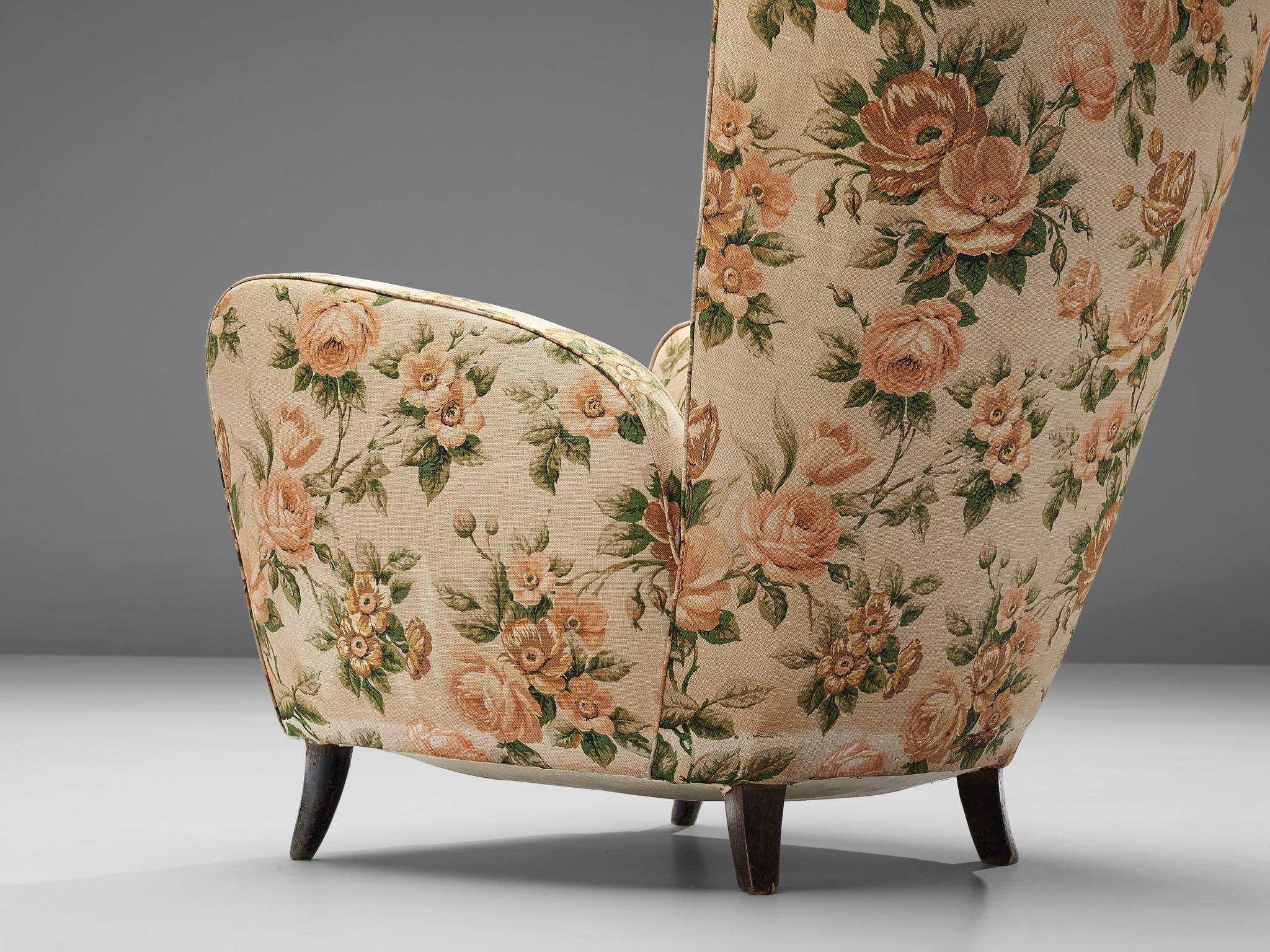 Pair of Italian Wingback Chairs in Floral Upholstery 1