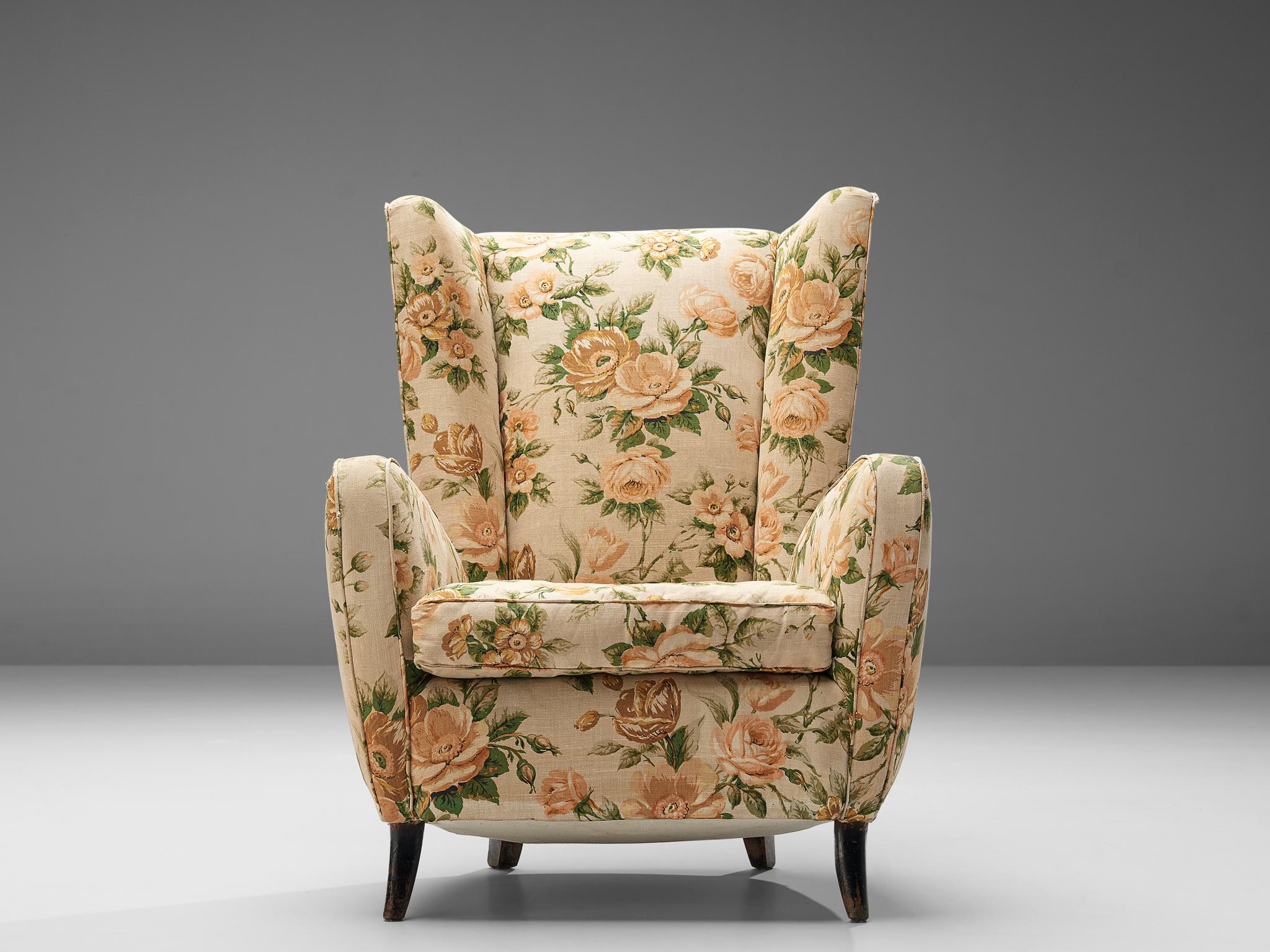 Pair of Italian Wingback Chairs in Floral Upholstery 2