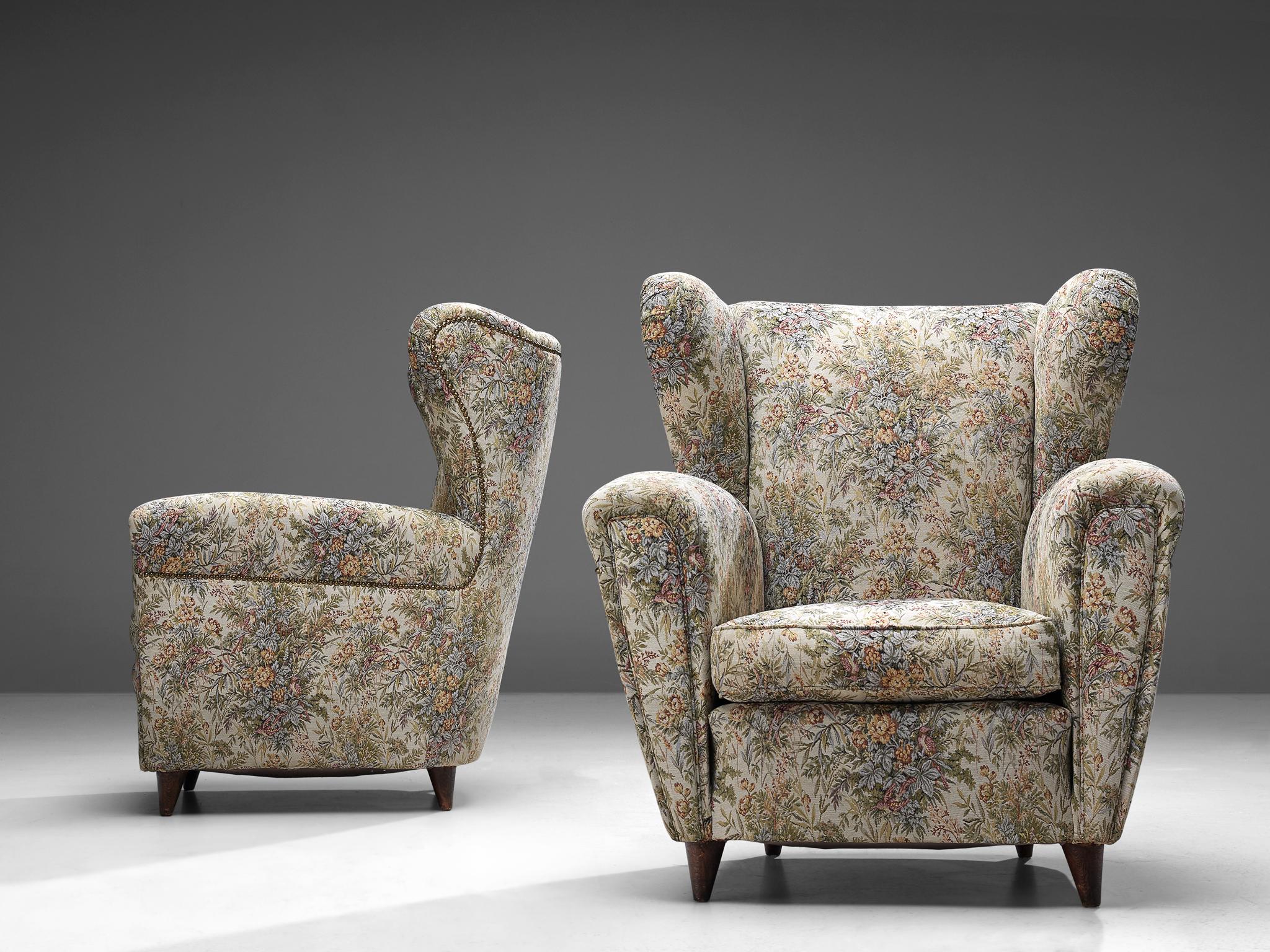 Pair of Italian Wingback Chairs in Floral Upholstery 2