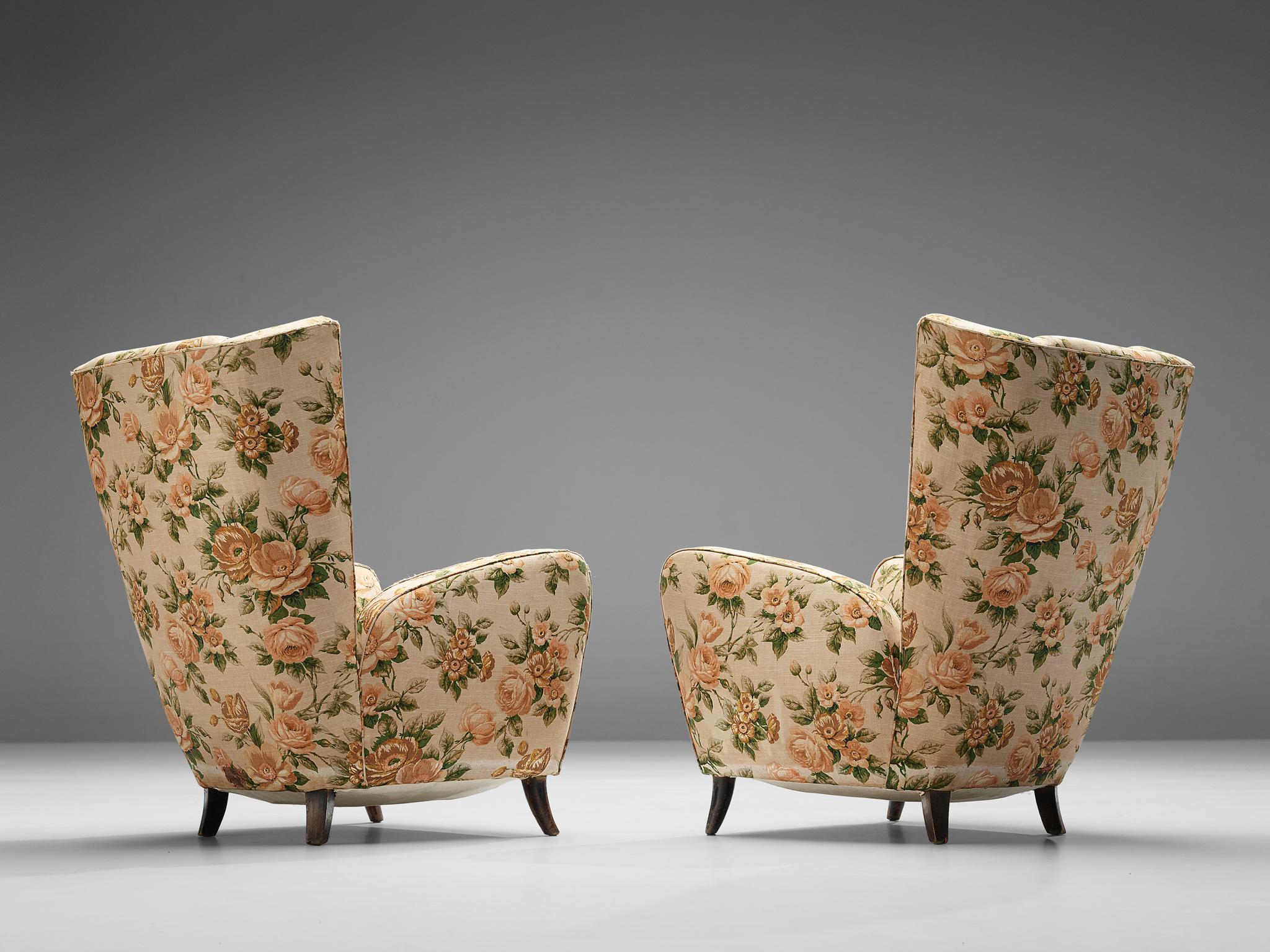 Pair of Italian Wingback Chairs in Floral Upholstery 3