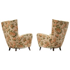 Pair of Italian Wingback Chairs in Floral Upholstery