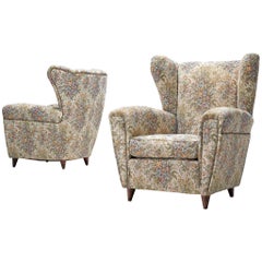 Pair of Italian Wingback Chairs in Floral Upholstery