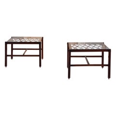 Pair of Italian wood and brass side tables with glass tops, 1950s