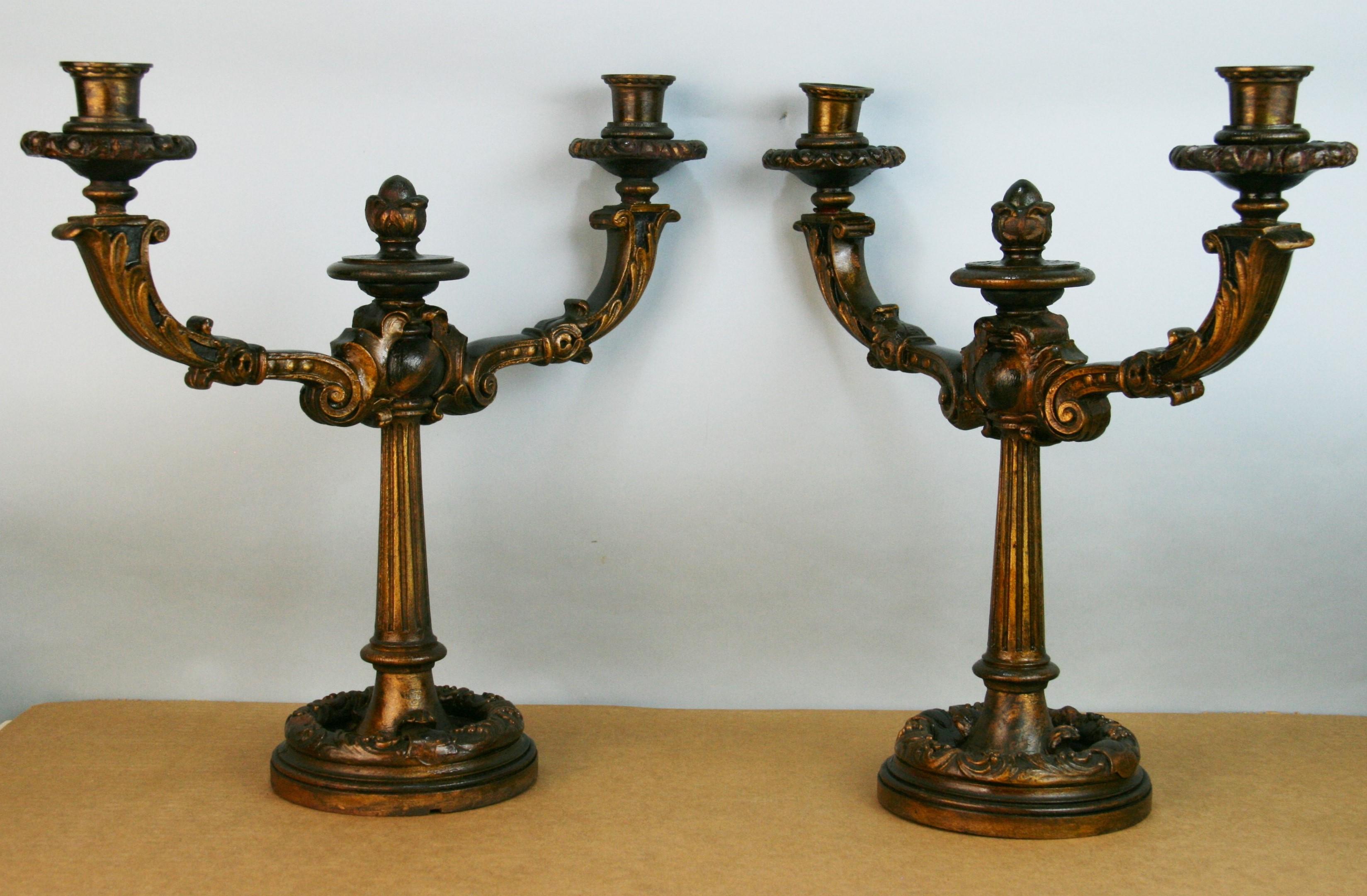 Pair of Italian Wood and Gesso Decorative Candelabras Late 19th Century In Good Condition For Sale In Douglas Manor, NY