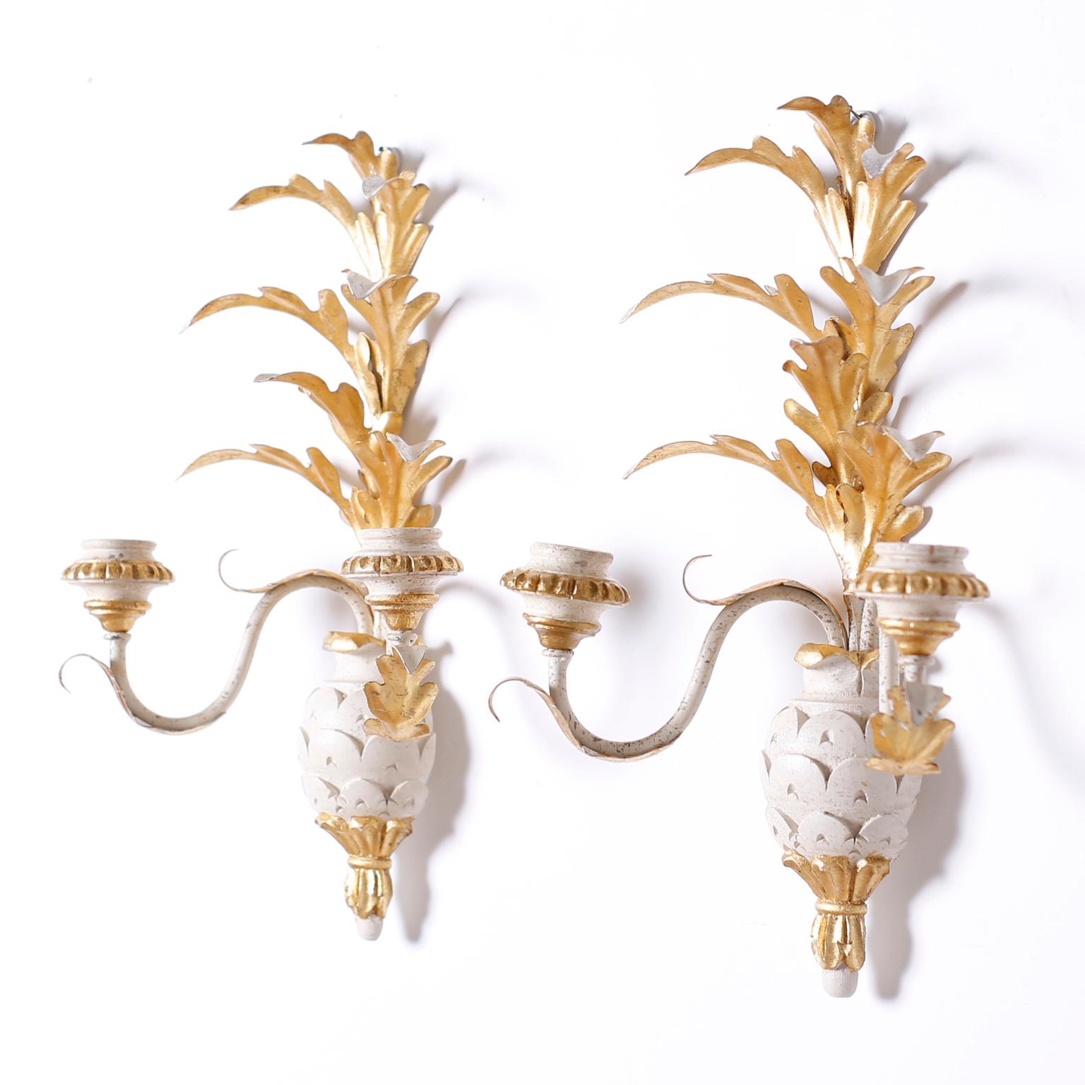 Neoclassical Pair of Italian Wood and Gilt Metal Pineapple Wall Sconces