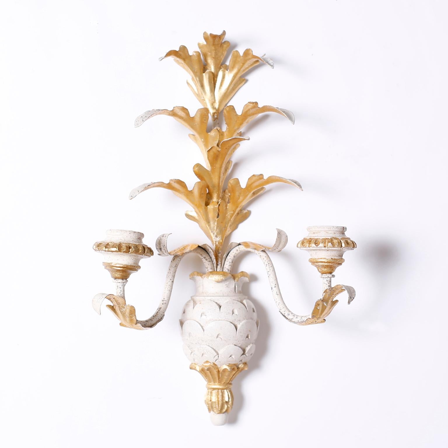 Pair of Italian Wood and Gilt Metal Pineapple Wall Sconces In Good Condition In Palm Beach, FL