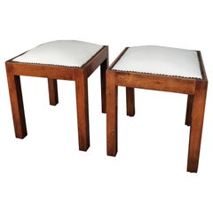 Pair of Italian Wood and White Leather Needlepoint Squared Stools