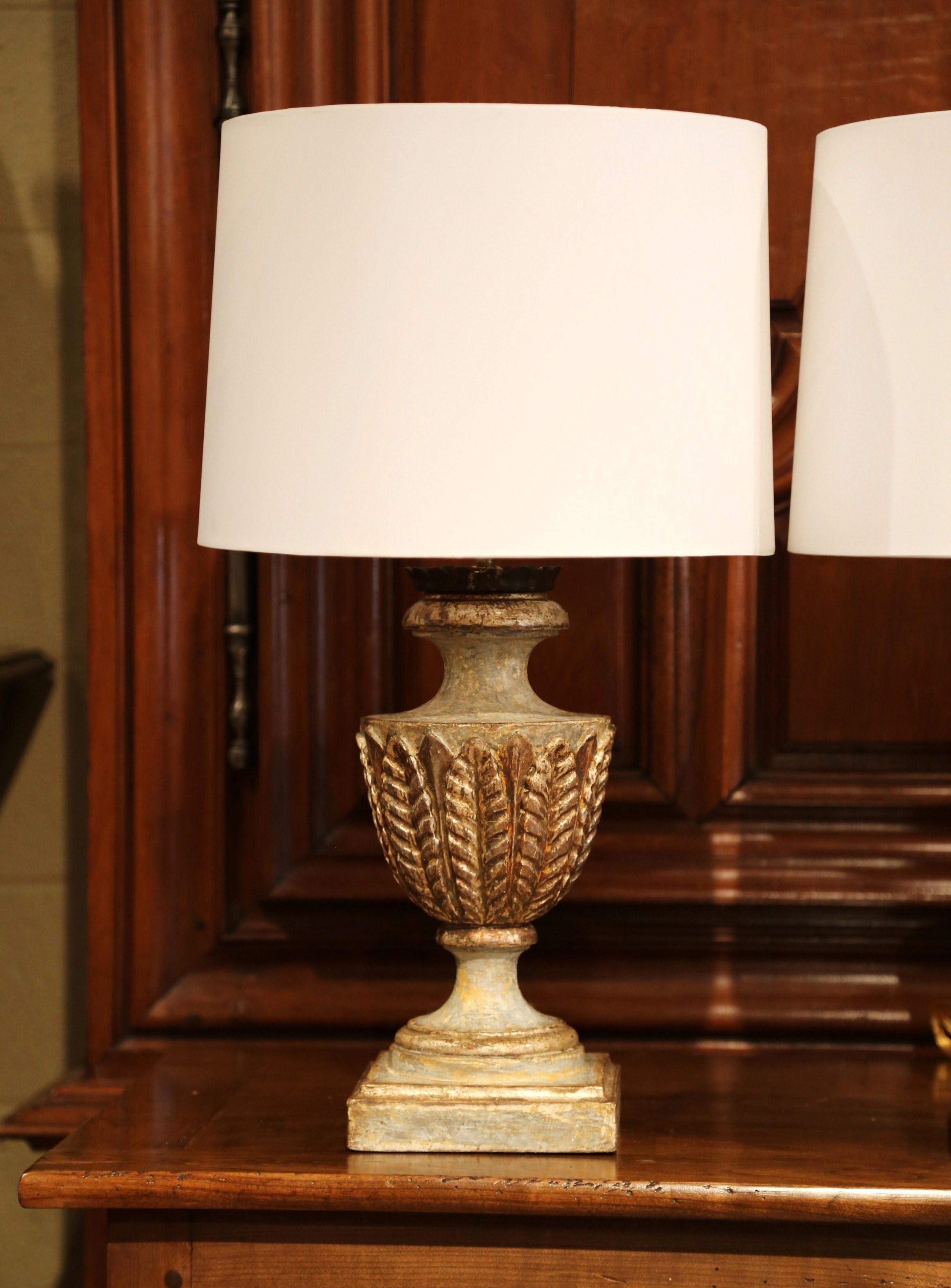 Pair of Italian Wood Carved Polychrome and Two-Tone Painted Urns Table Lamps 1