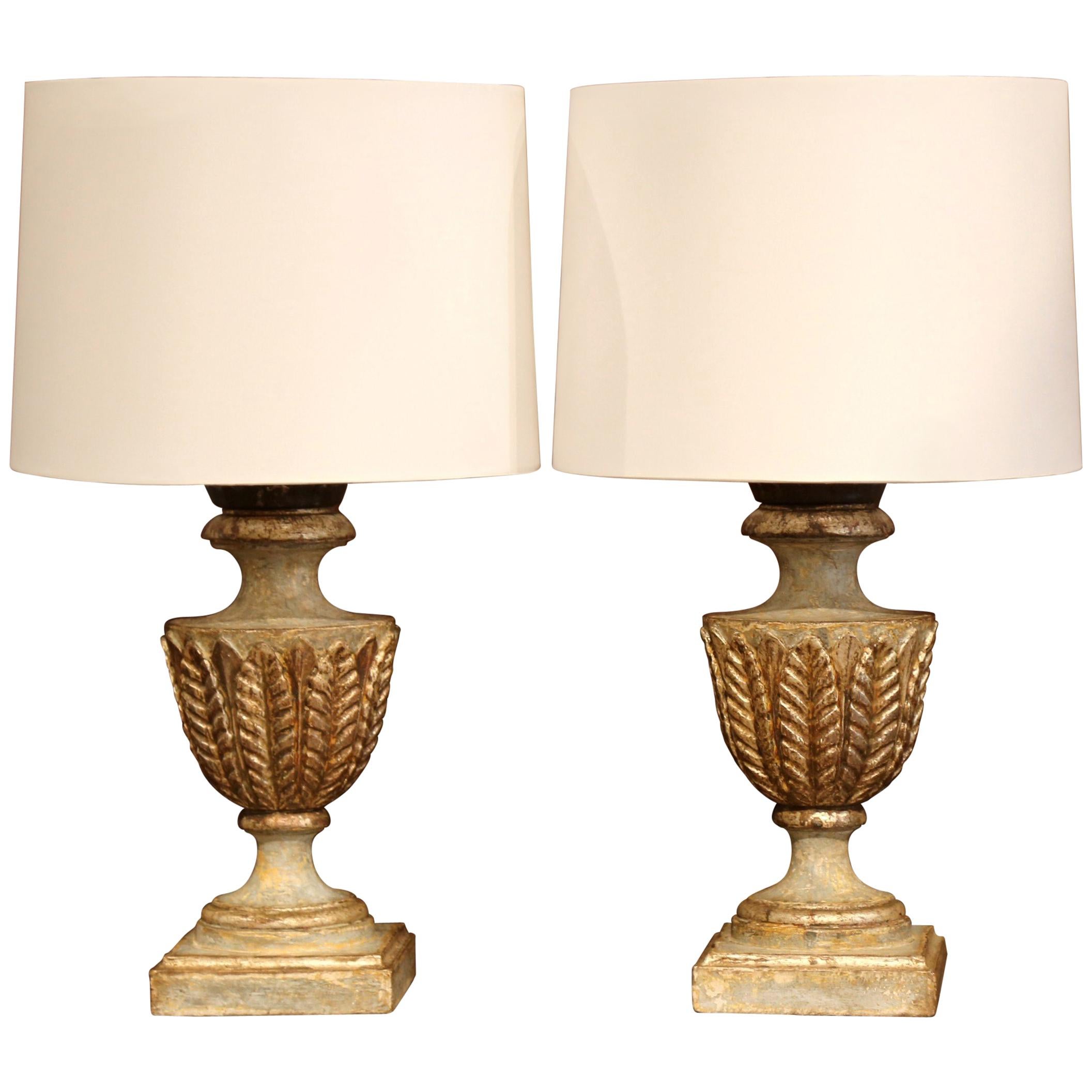 Pair of Italian Wood Carved Polychrome and Two-Tone Painted Urns Table Lamps