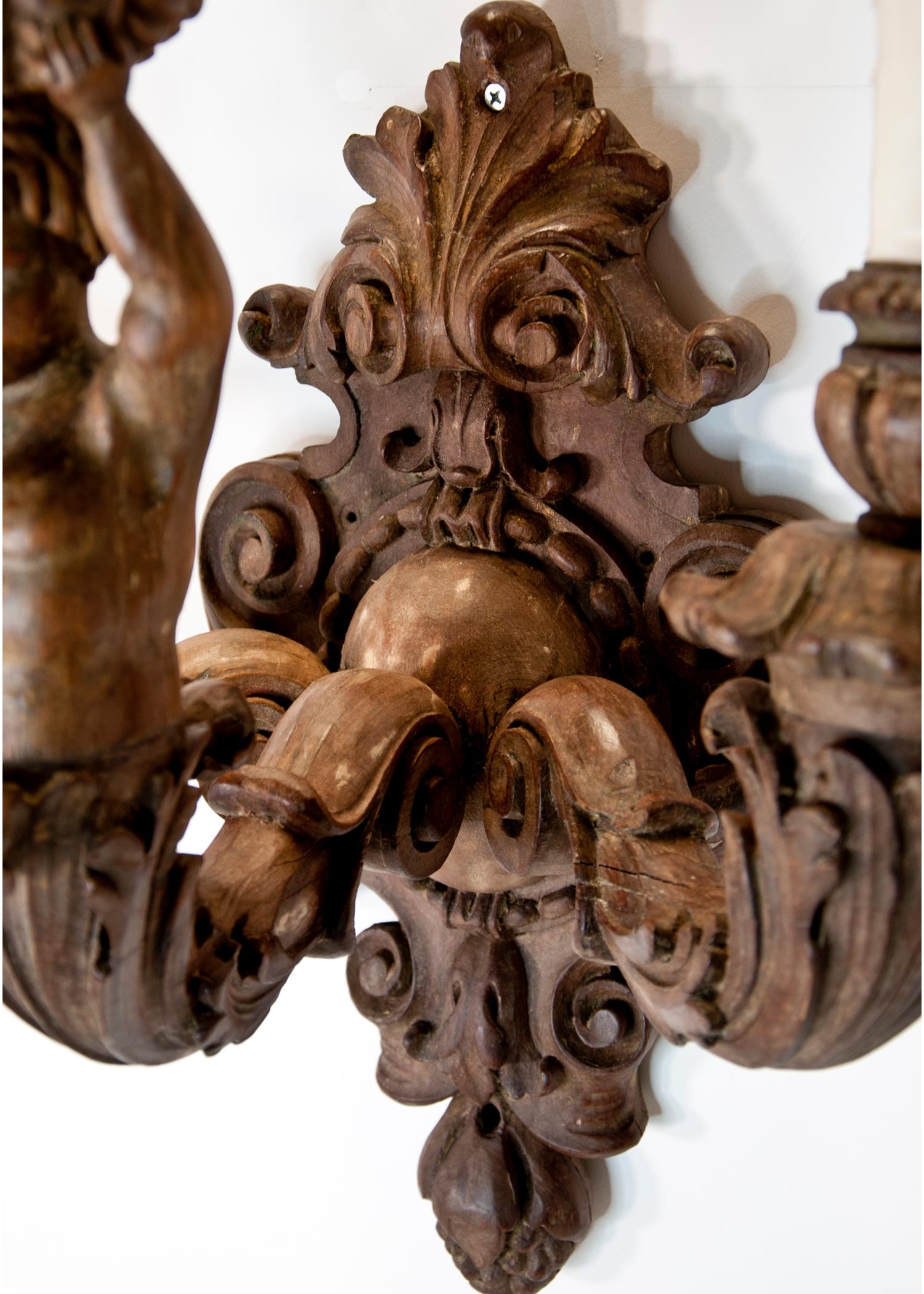 Pair of Italian Wood Cherub Sconces For Sale 1