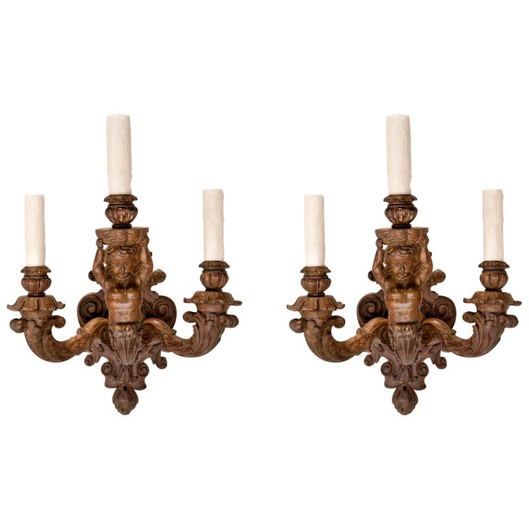 Pair of Italian Wood Cherub Sconces For Sale at 1stDibs