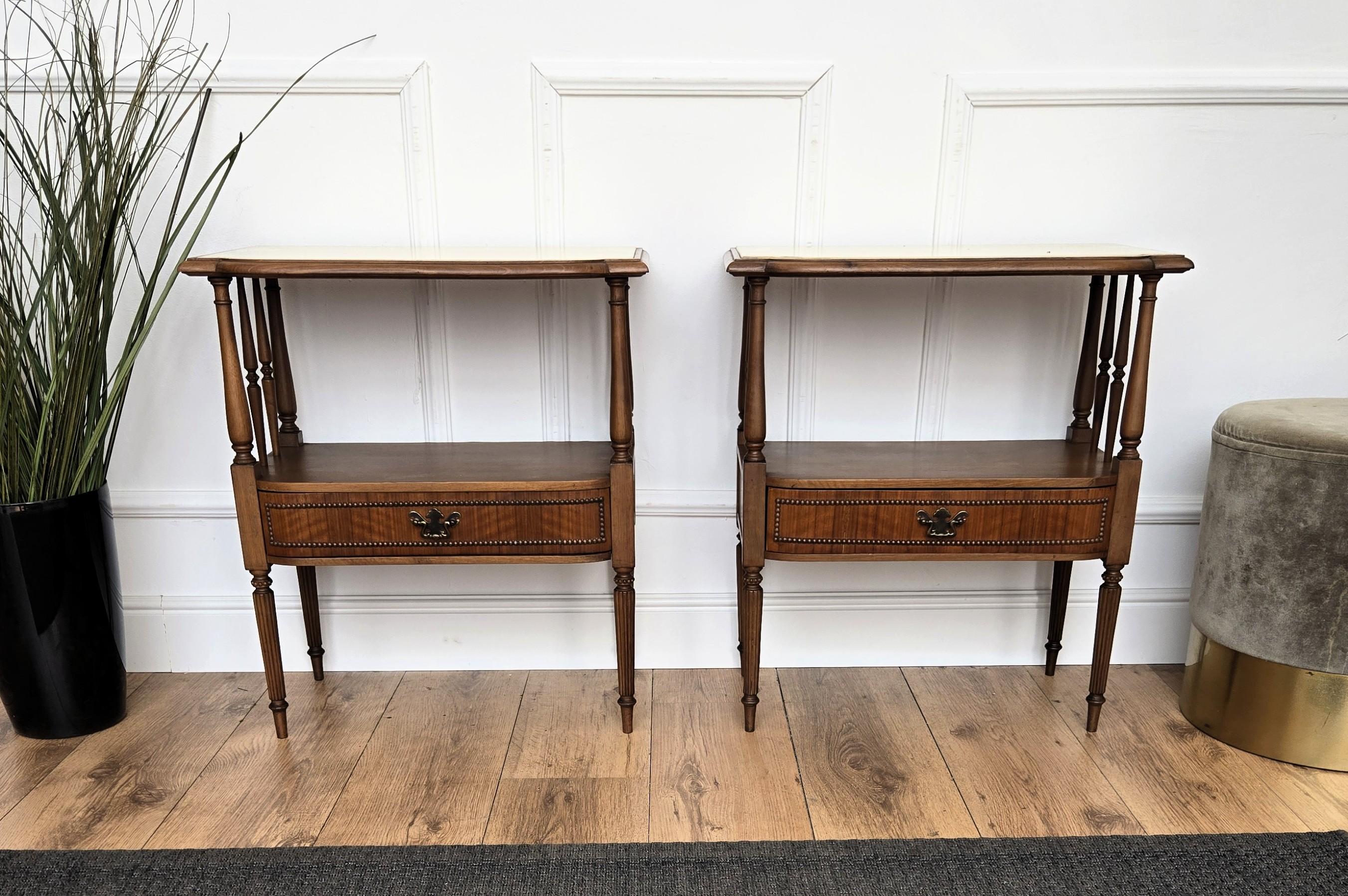 20th Century Pair of Italian Wood Marble Mid-Century Modern Night Stands Bed Side Tables For Sale