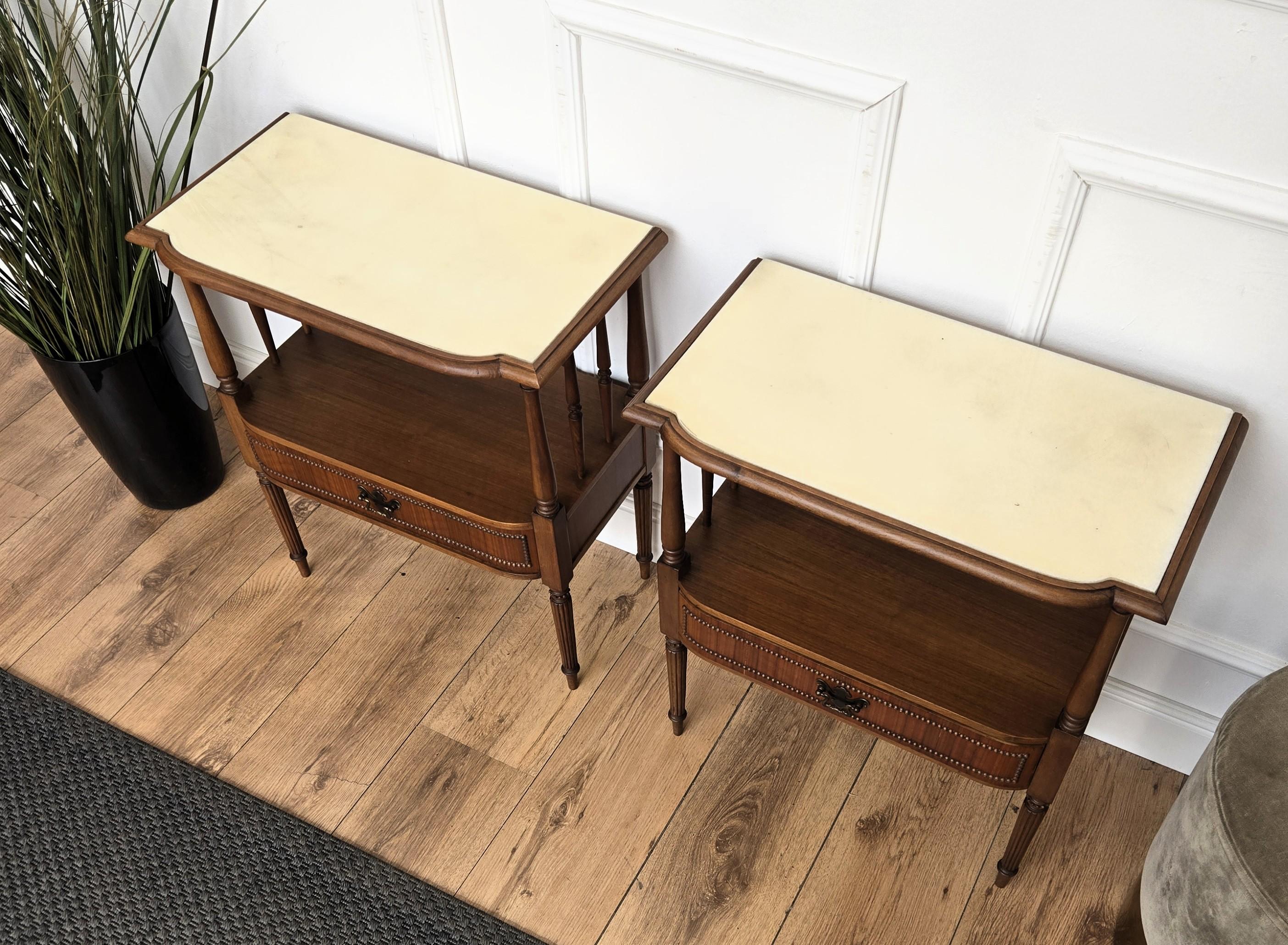 Brass Pair of Italian Wood Marble Mid-Century Modern Night Stands Bed Side Tables For Sale