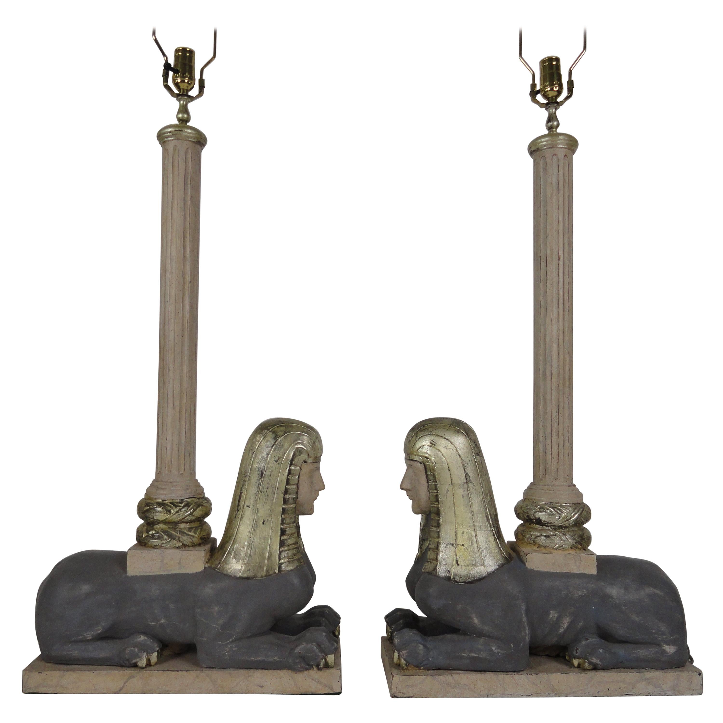 Pair of Italian Wood Sphinx Lamps in the Manner of Bugatti For Sale