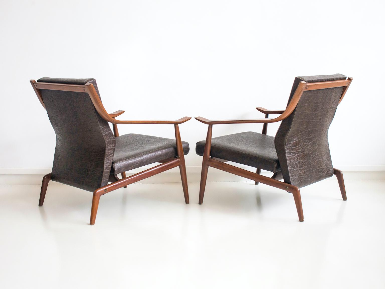 Pair of Italian Wooden Armchairs with Brown Faux Leather Upholstery 5