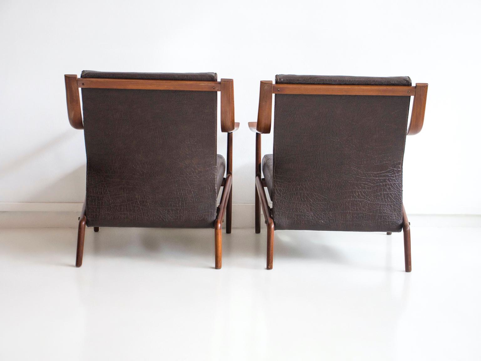 Pair of Italian Wooden Armchairs with Brown Faux Leather Upholstery 6