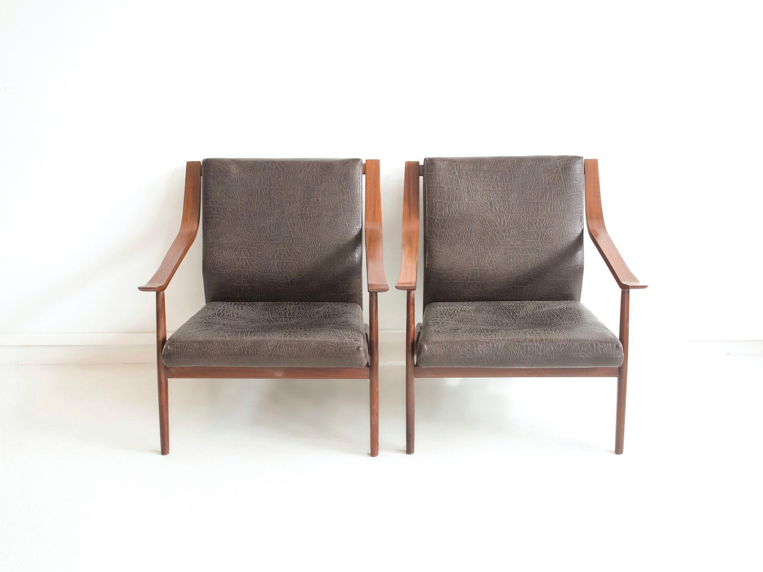 Mid-Century Modern Pair of Italian Wooden Armchairs with Brown Faux Leather Upholstery