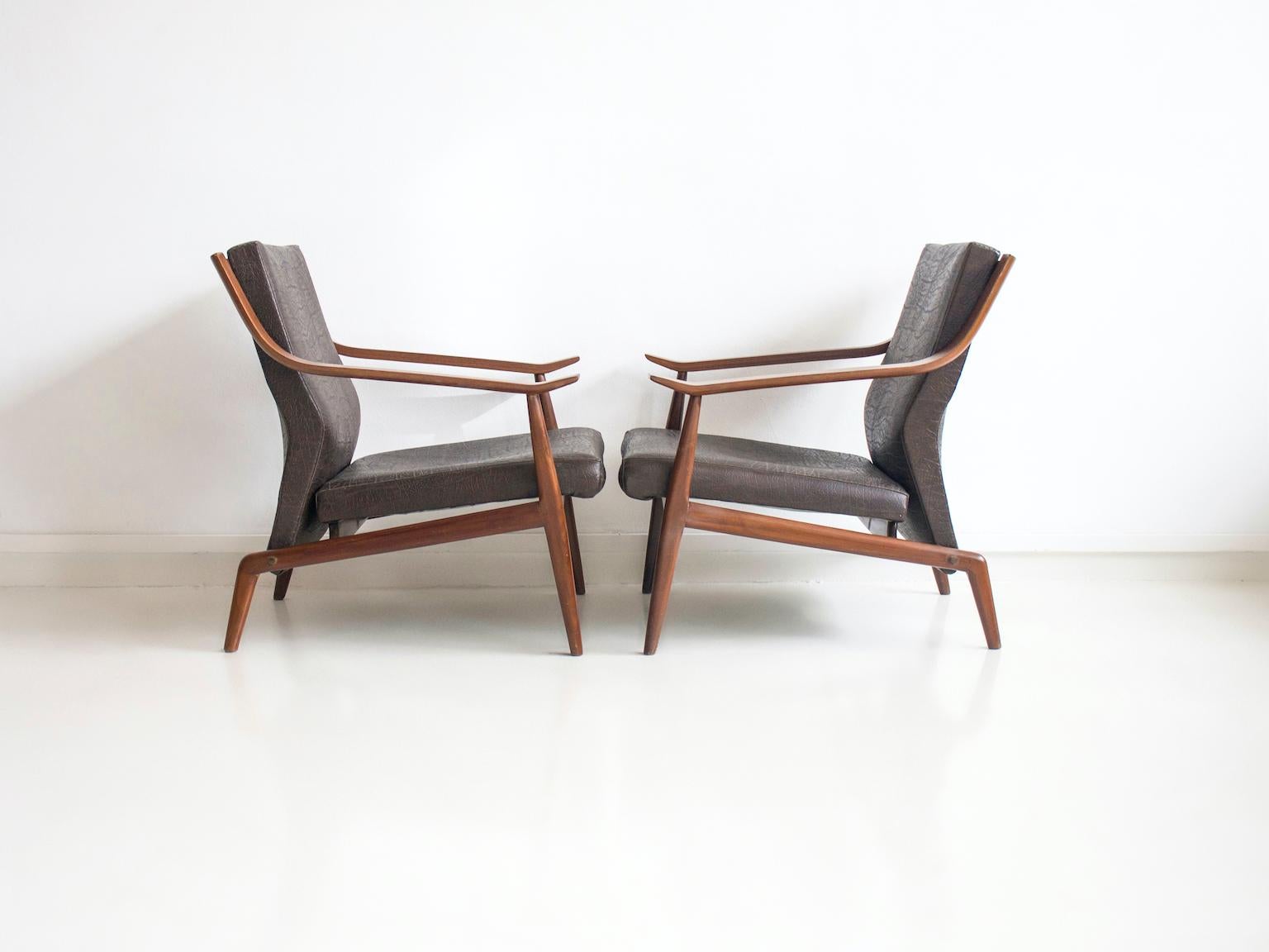 20th Century Pair of Italian Wooden Armchairs with Brown Faux Leather Upholstery