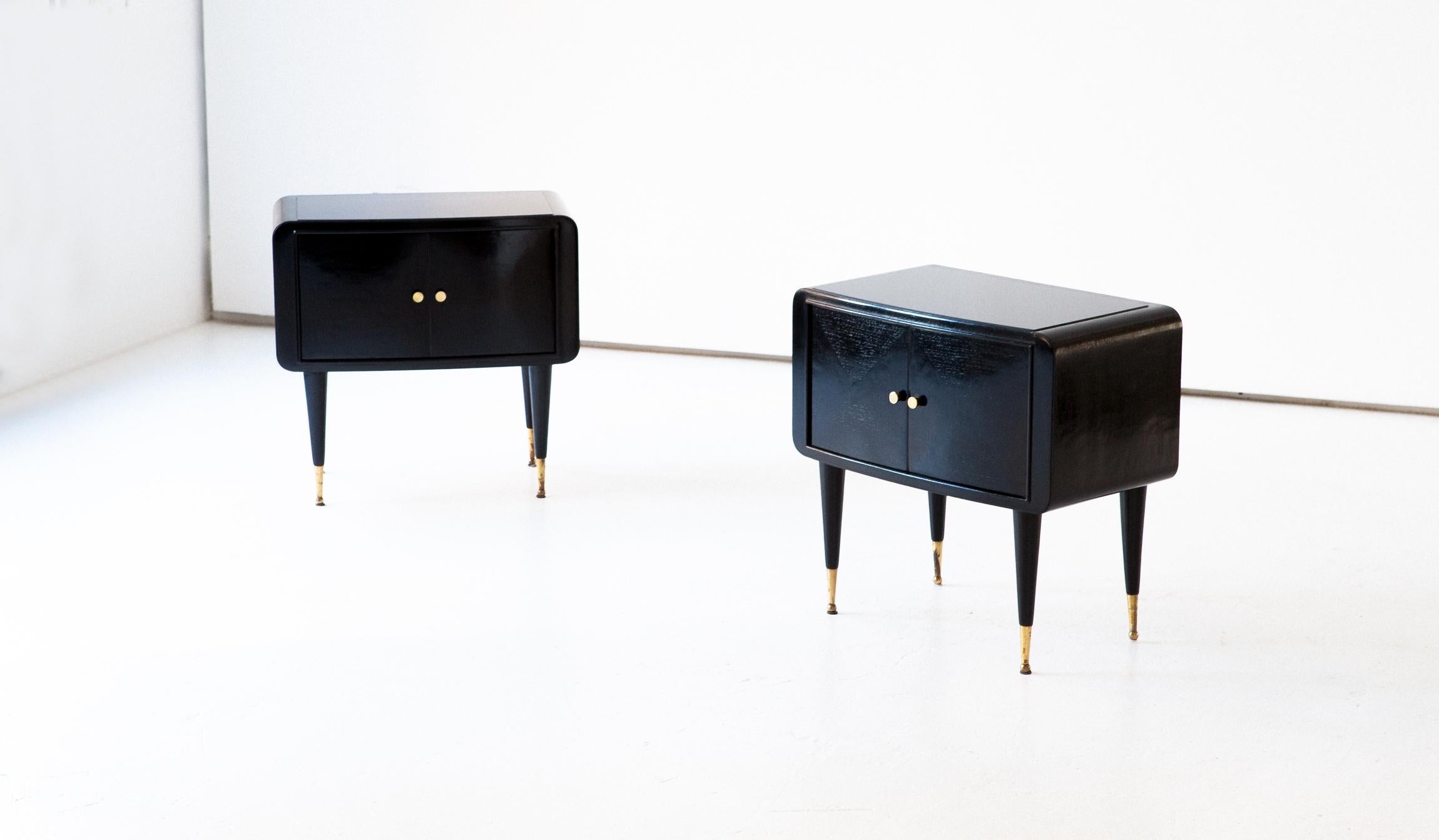 Pair of Italian Wooden Black Brass and Glass Bedside Tables, 1950s 5