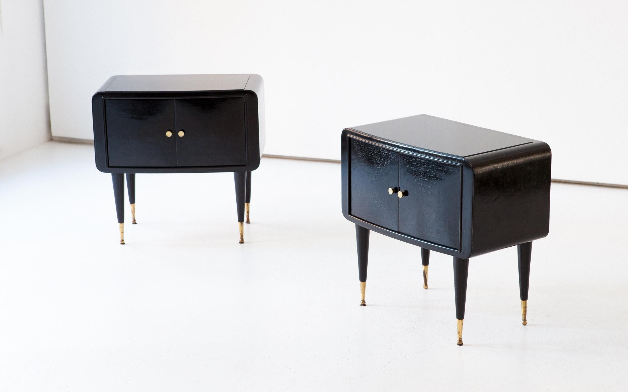 Mid-Century Modern Pair of Italian Wooden Black Brass and Glass Bedside Tables, 1950s