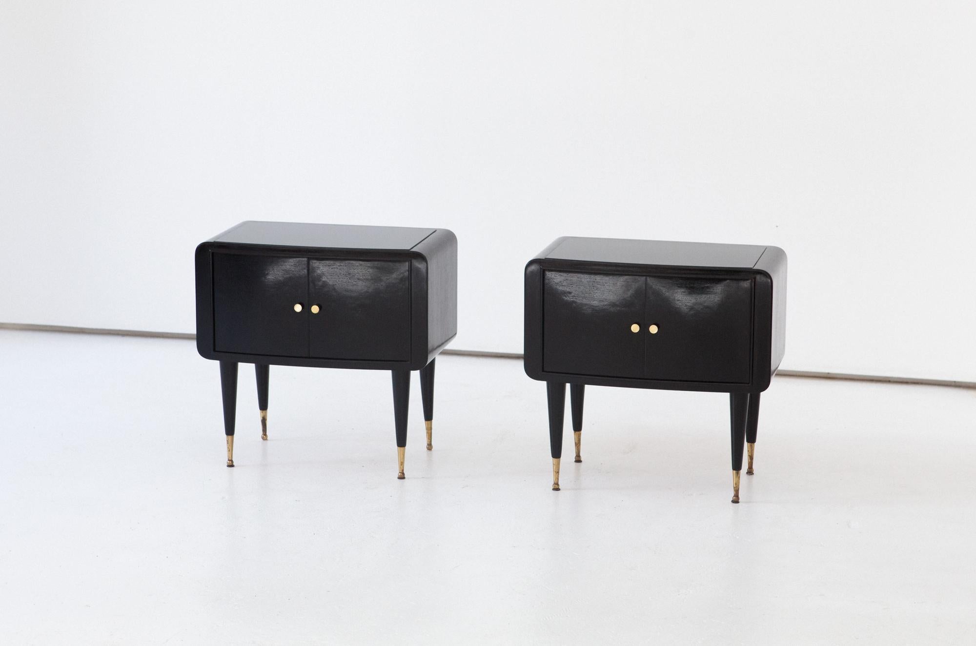 Mid-20th Century Pair of Italian Wooden Black Brass and Glass Bedside Tables, 1950s