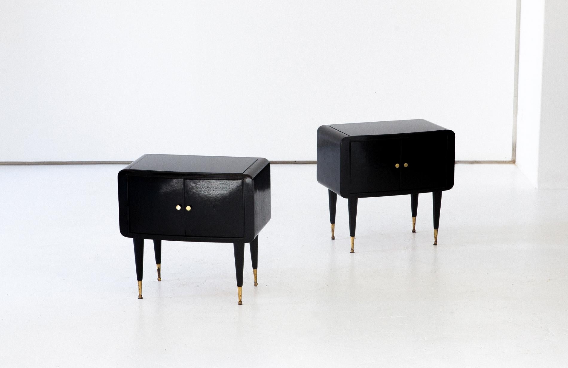 Pair of Italian Wooden Black Brass and Glass Bedside Tables, 1950s 2