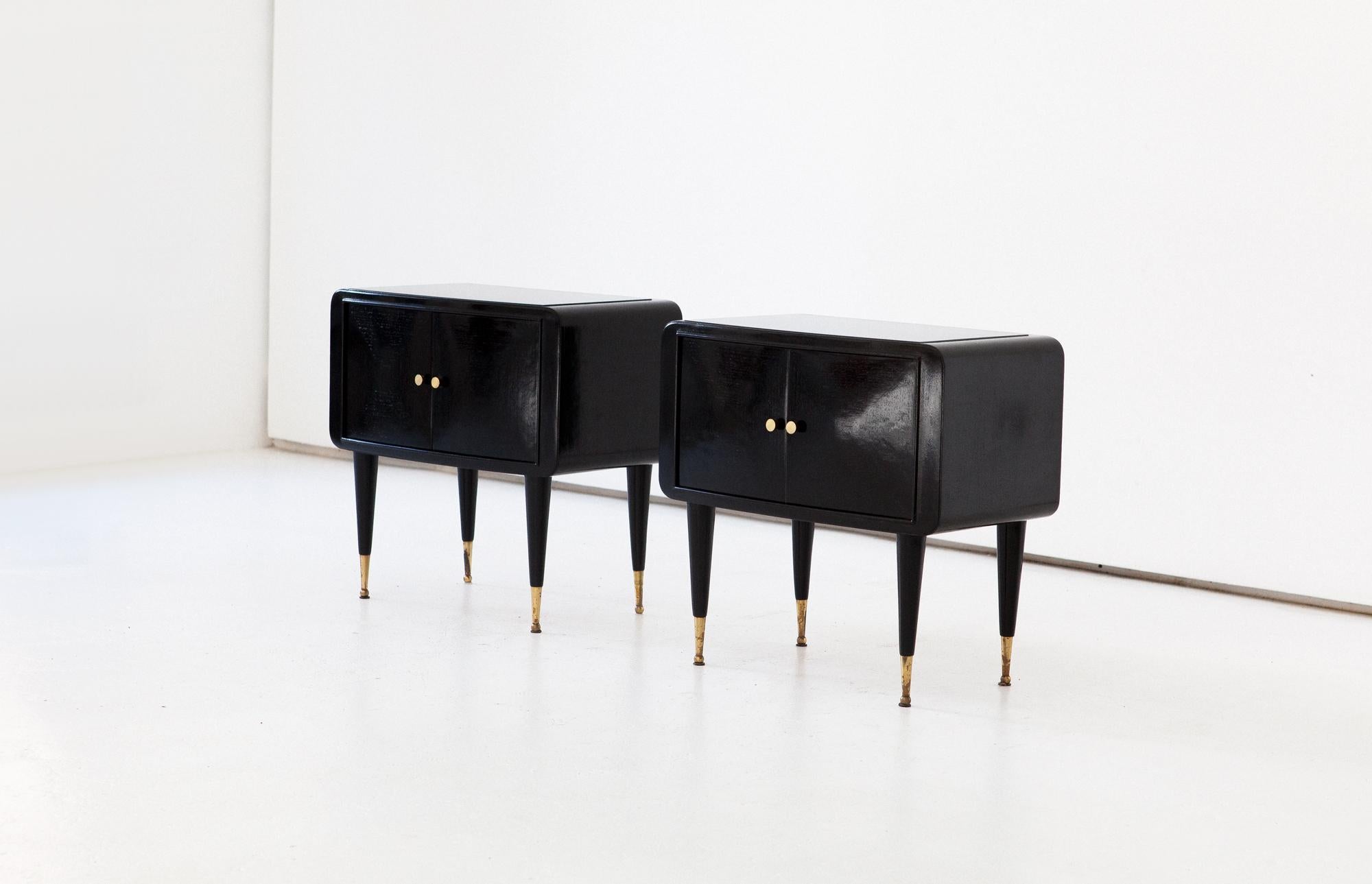 Pair of Italian Wooden Black Brass and Glass Bedside Tables, 1950s 3