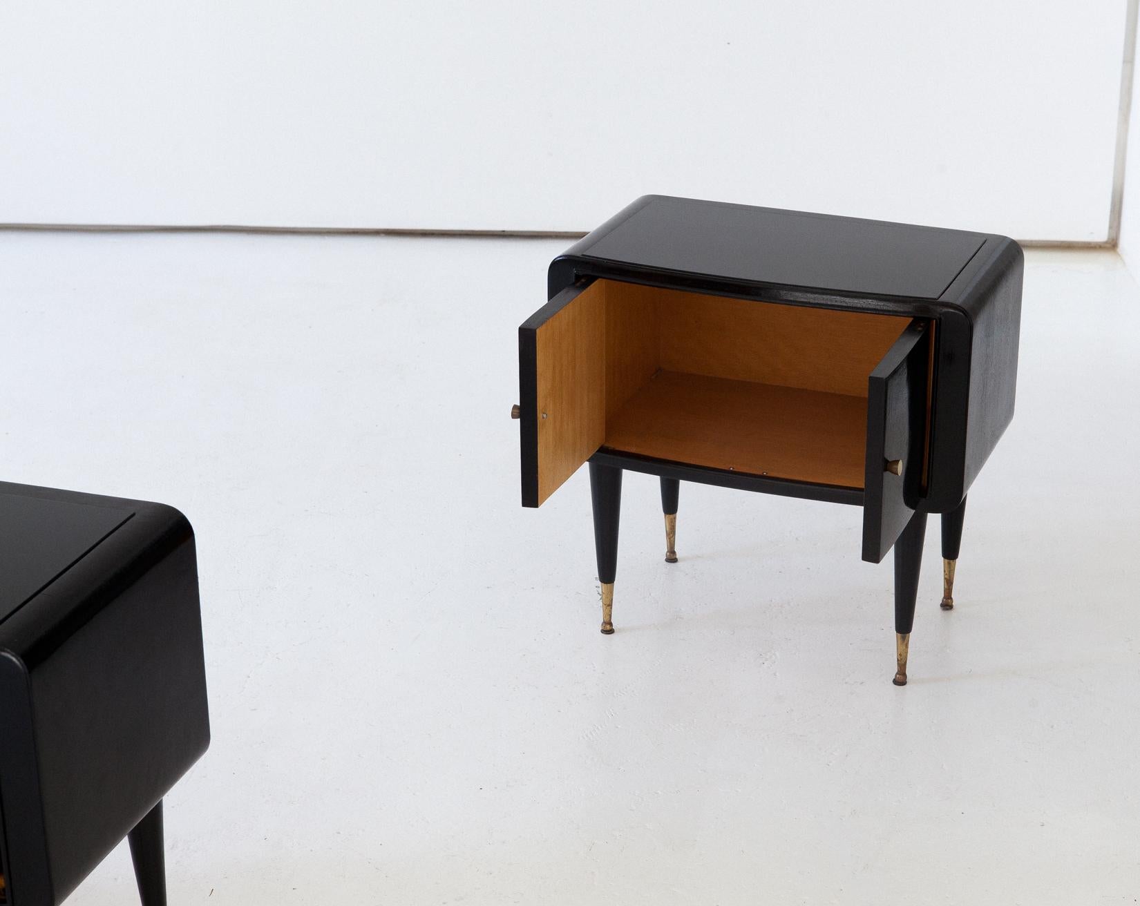 Pair of Italian Wooden Black Brass and Glass Bedside Tables, 1950s 4