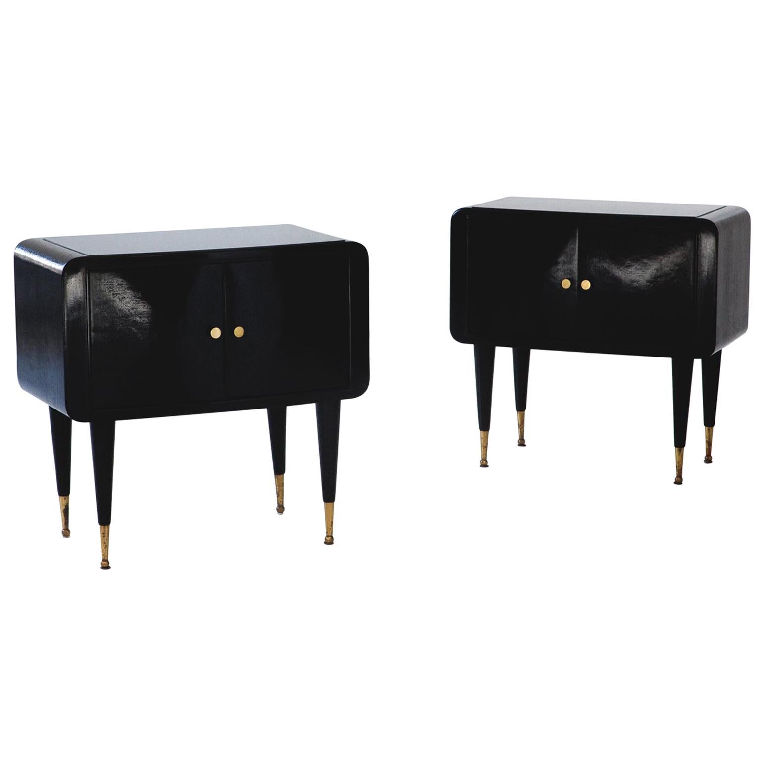 Pair of Italian Wooden Black Brass and Glass Bedside Tables, 1950s