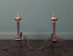 Pair of Italian Wrought Fire Dogs with Pomegranate Finials