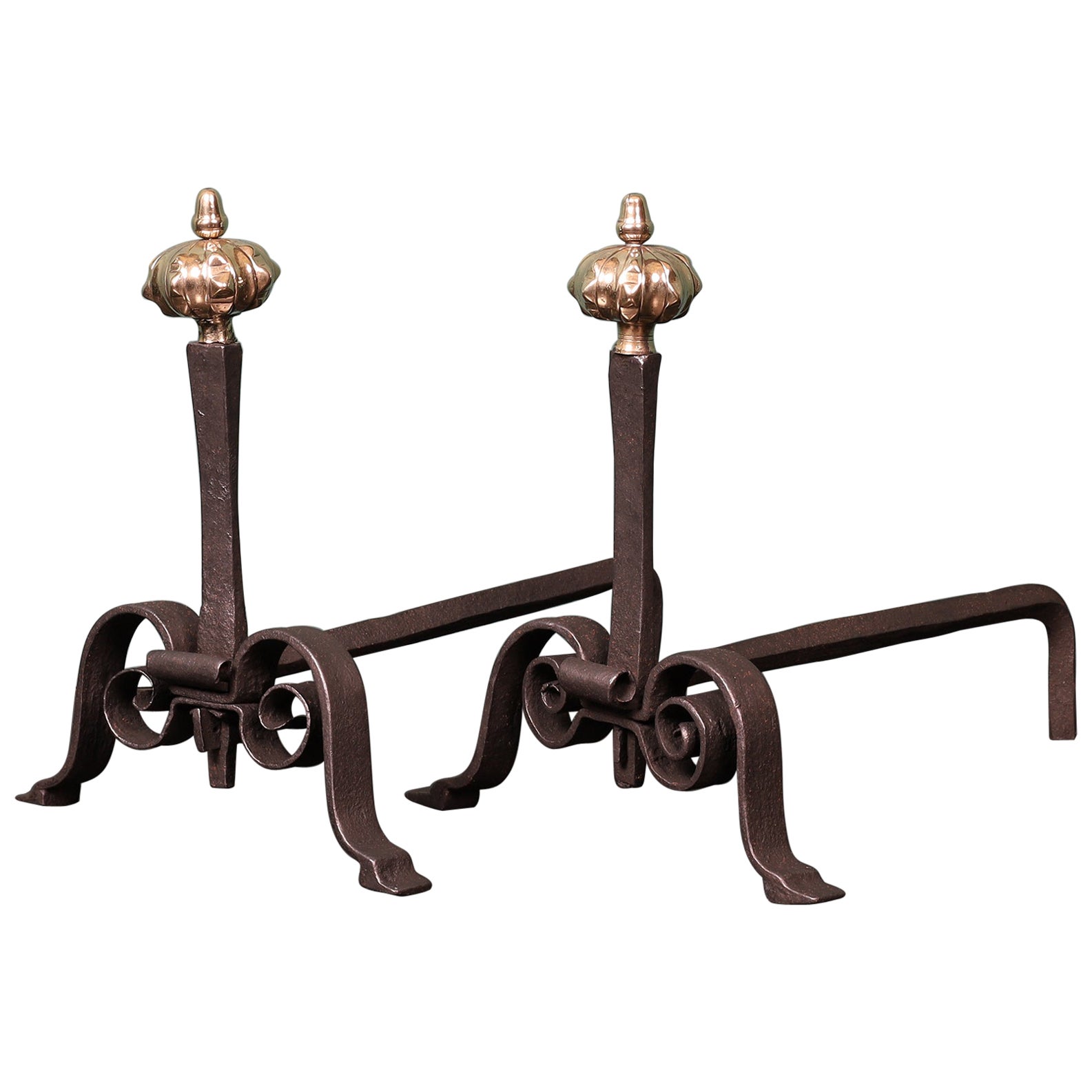 Pair of Italian Wrought Fire Dogs with Pomegranate Finials