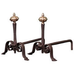 Pair of Italian Wrought Fire Dogs with Pomegranate Finials