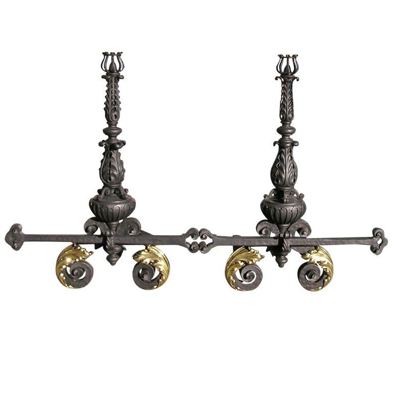 Pair of Italian Wrought Iron and Brass Andirons For Sale