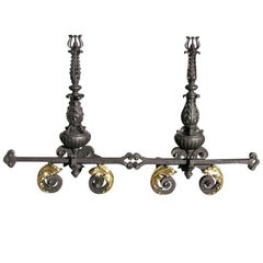 Antique Pair of Italian Wrought Iron and Brass Andirons