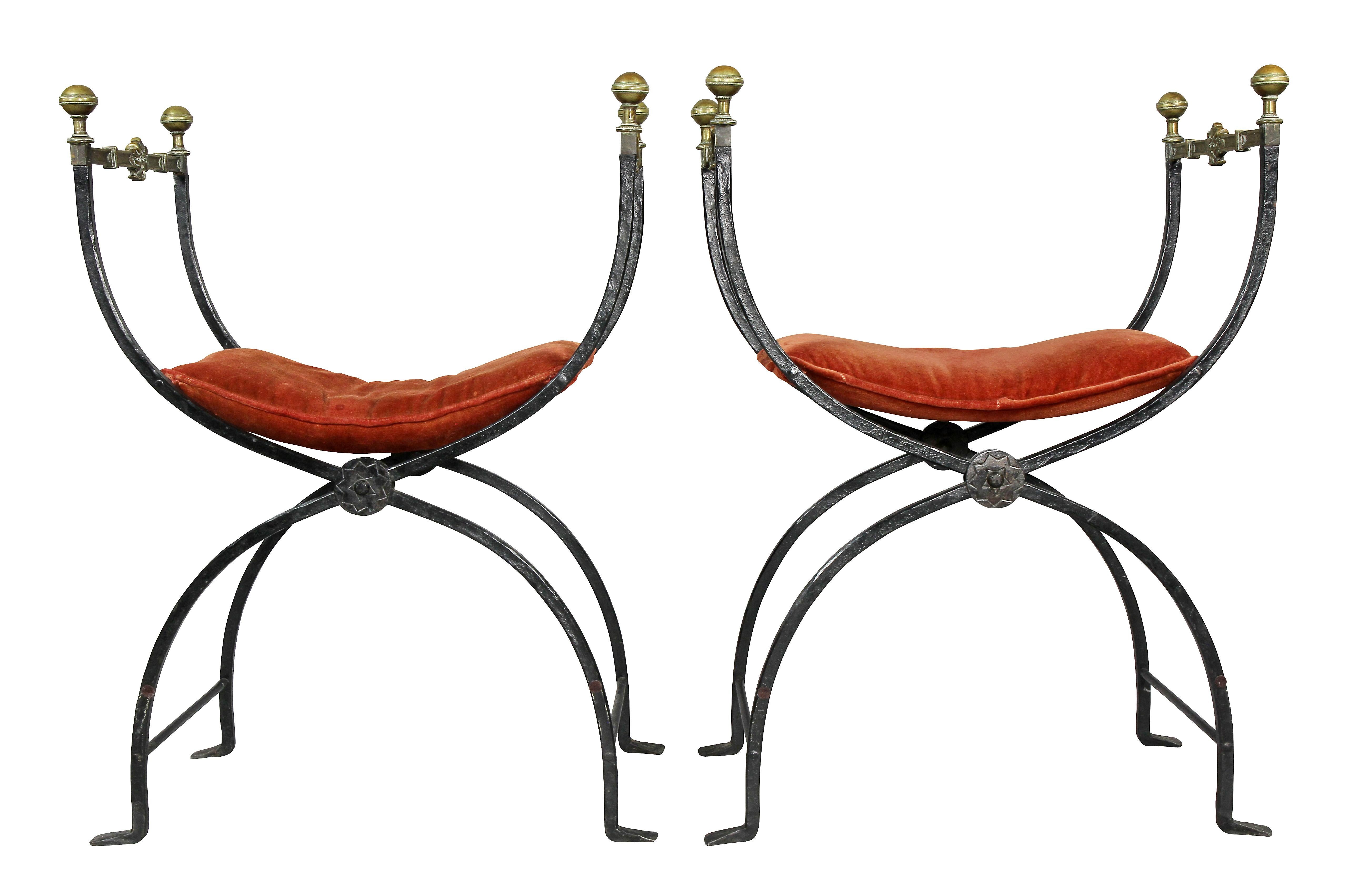 Pair of Italian Wrought Iron and Bronze Curule Chairs 5