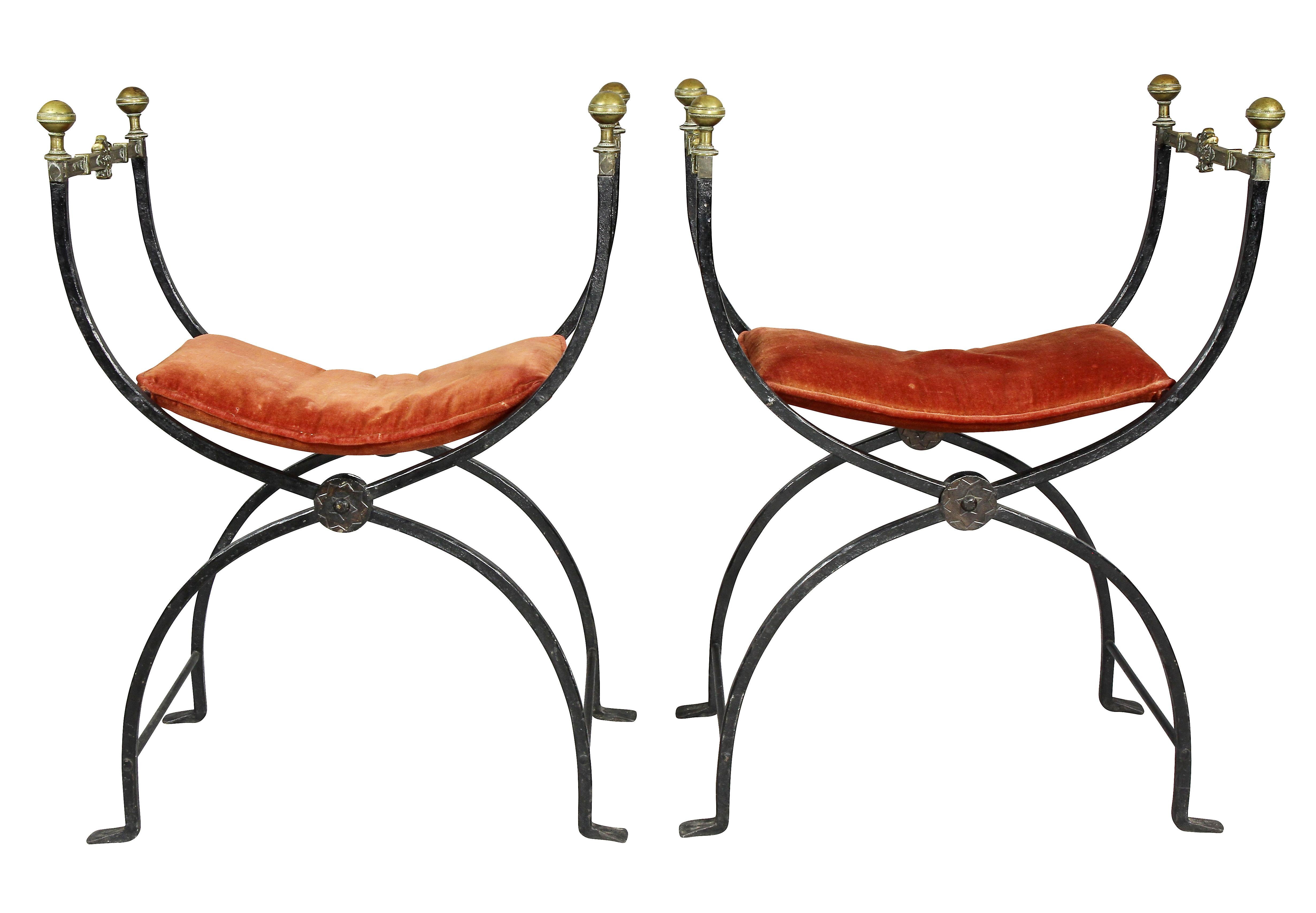 Renaissance Pair of Italian Wrought Iron and Bronze Curule Chairs