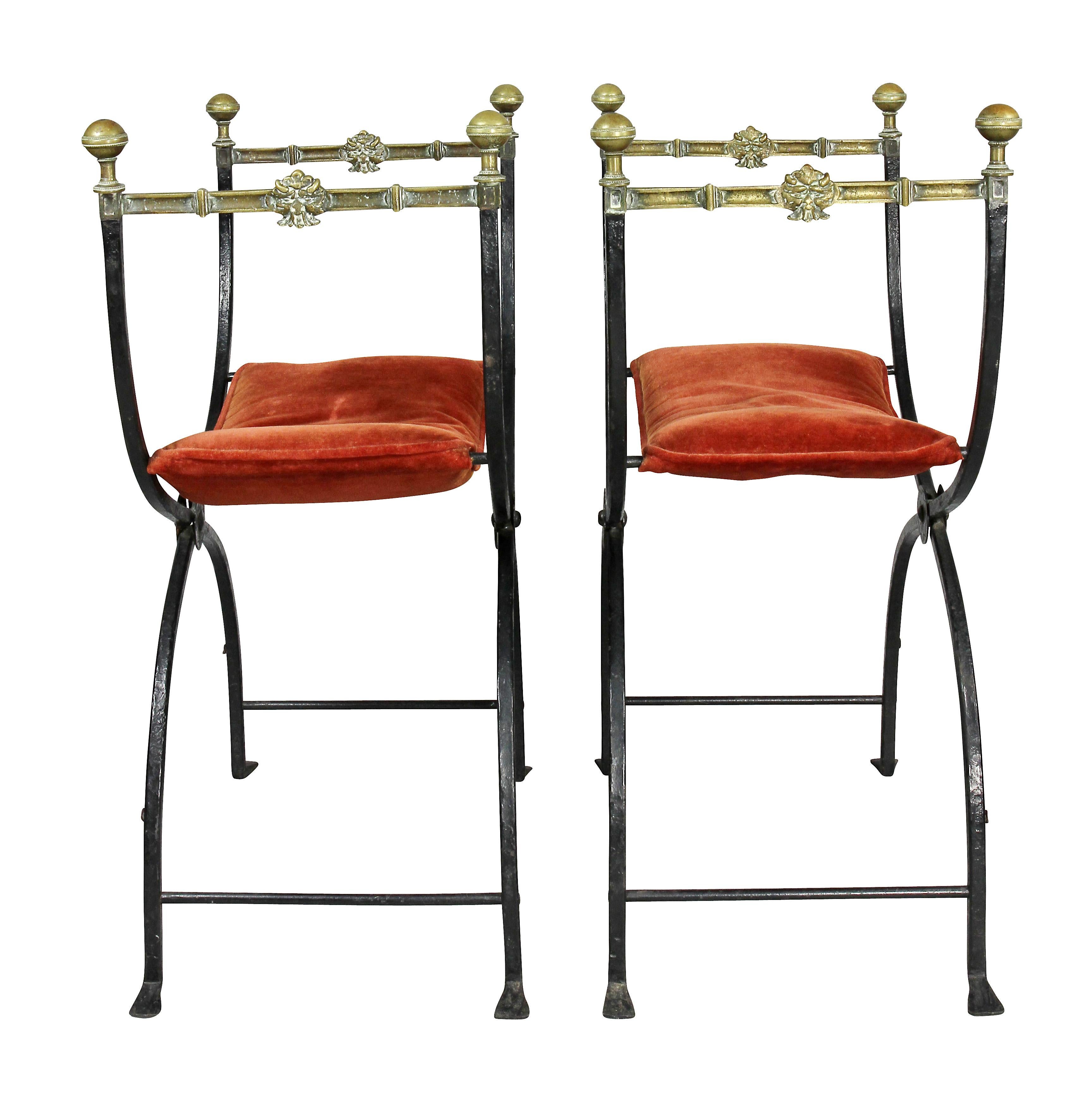 Pair of Italian Wrought Iron and Bronze Curule Chairs 2