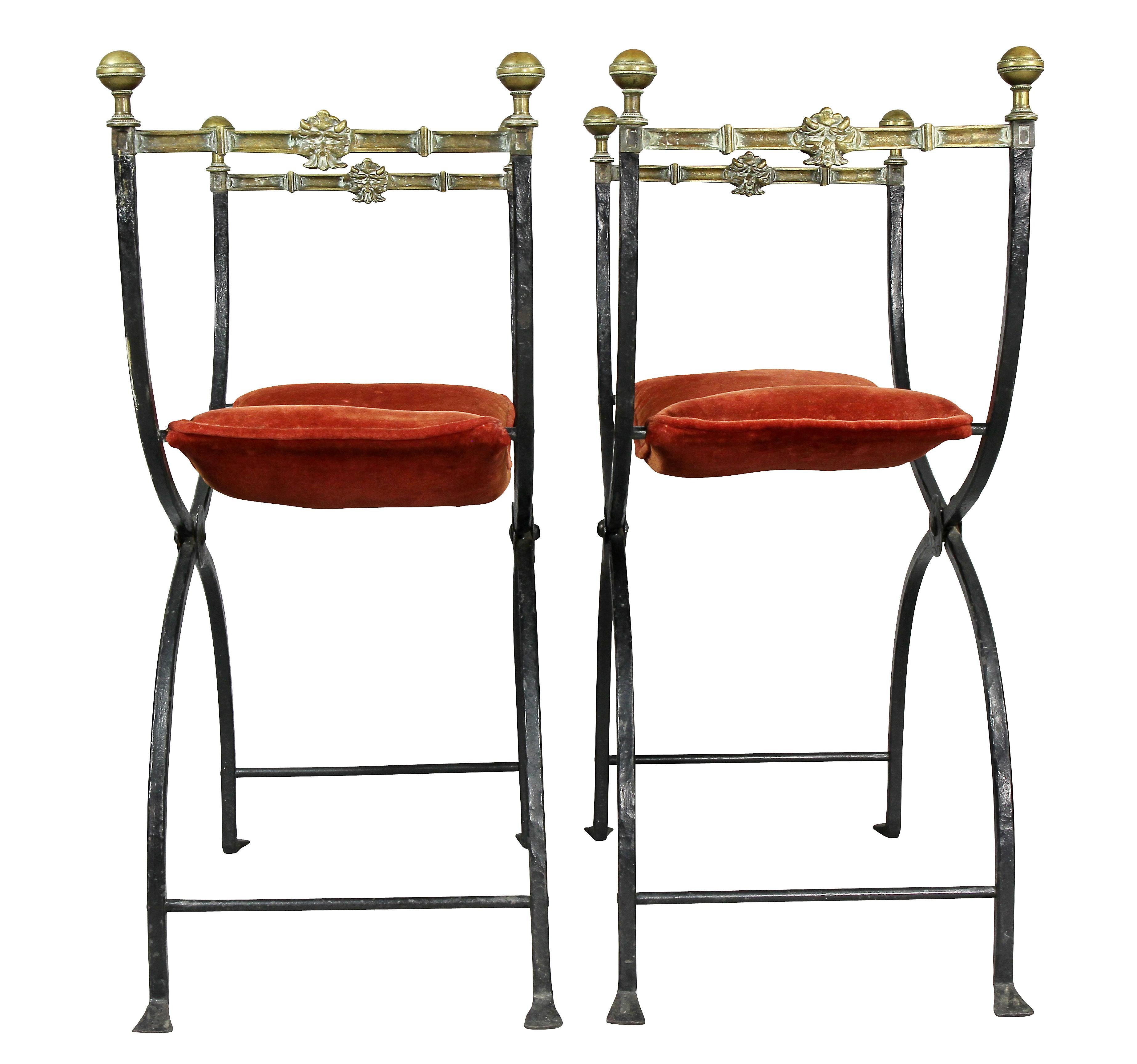 Pair of Italian Wrought Iron and Bronze Curule Chairs 4