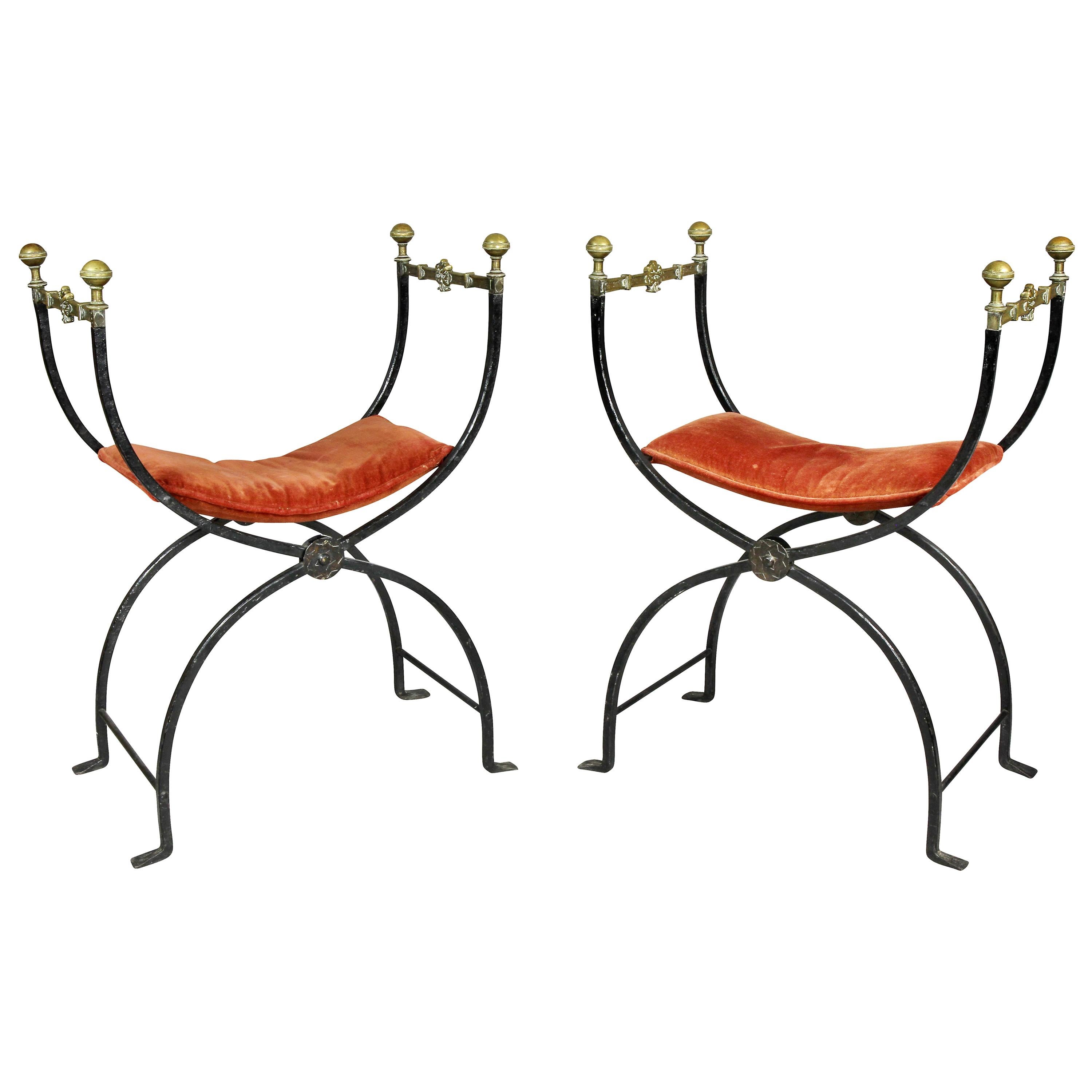 Pair of Italian Wrought Iron and Bronze Curule Chairs